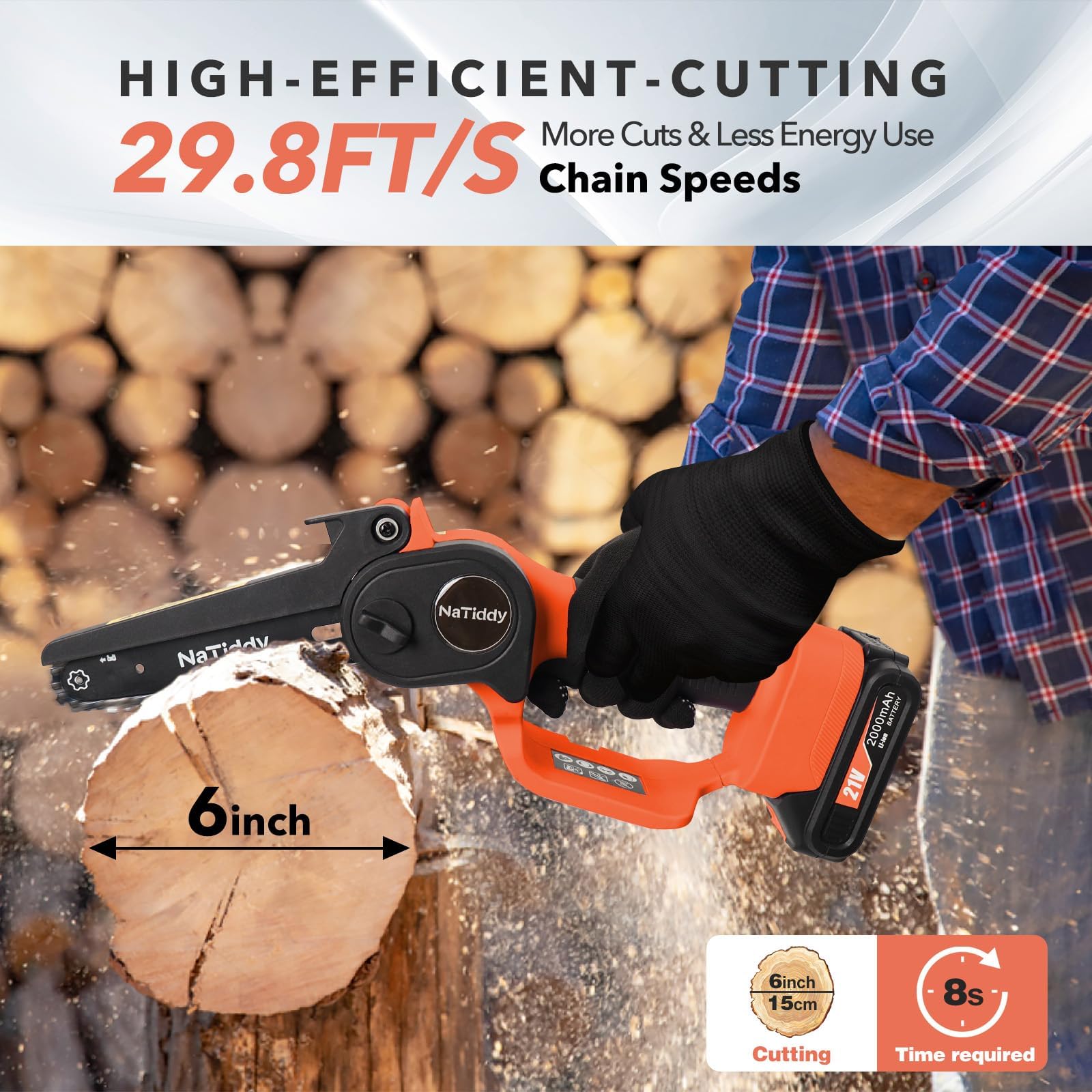 6-Inch Cordless Mini Chainsaw with 2 Batteries & Chains - Battery Powered Electric Hand Saw for Wood Cutting, Tree Trimming, Branch Pruning & Yard Maintenance (Orange) - Perfect for DIY Projects, Gardening & Outdoor Landscaping