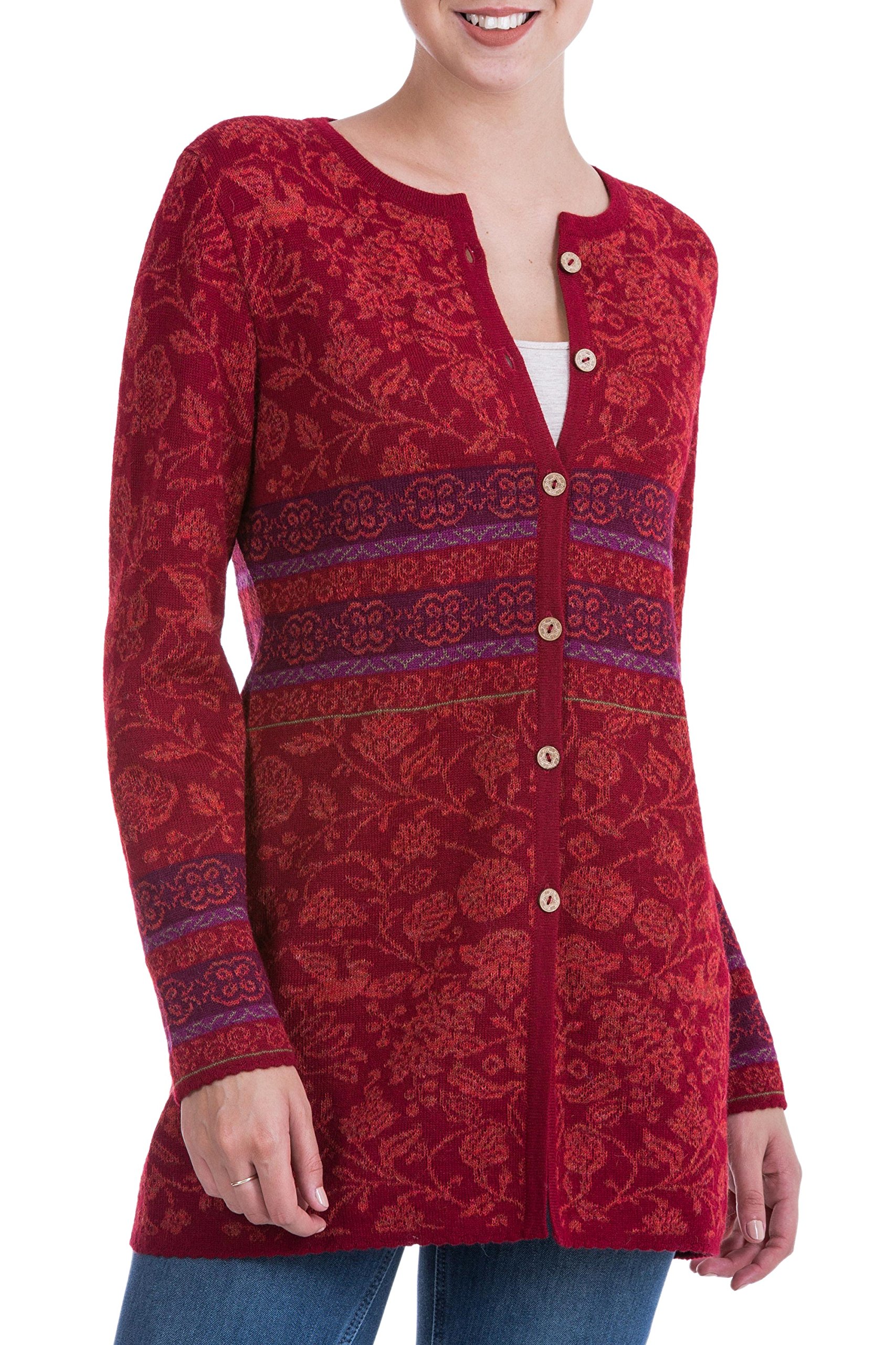 100% Alpaca Wool Cardigan for Women - Soft Red Knit Sweater | Handmade Fair Trade Pullover | Perfect for Winter, Fall & Cozy Evenings
