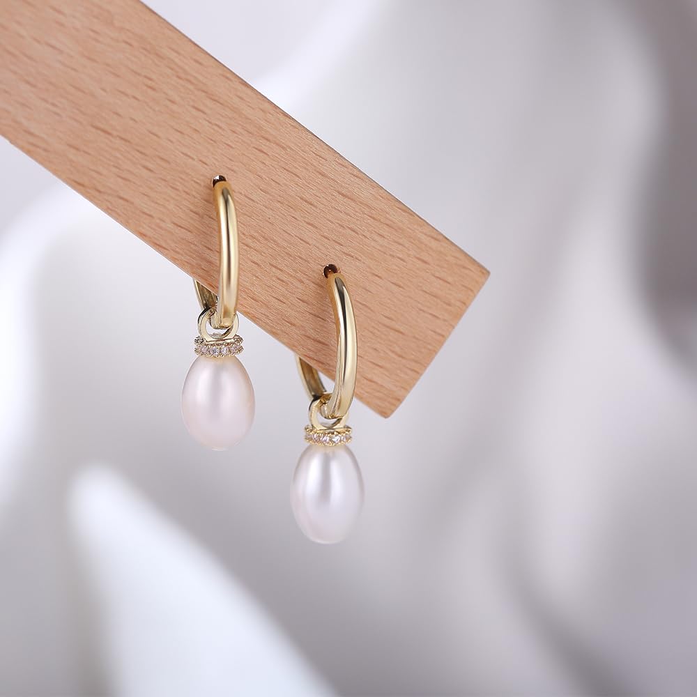 14K Gold Huggie Hoop Earrings for Women - Pearl Drop Dangle Earrings | Elegant Everyday Jewelry & Special Occasion Gift