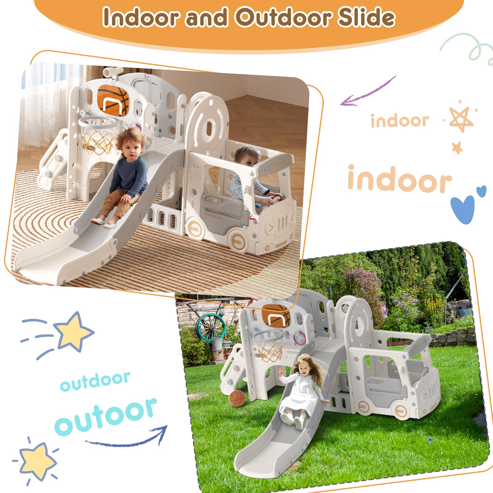 10-in-1 Toddler Slide Outdoor Playset with Bus Playhouse, Telescope & Basketball Hoop - Freestanding Kids Slide for Indoor/Outdoor Play - Perfect for Ages 1-3 Years (Grey) - Great for Backyards, Daycares & Preschool Play Areas
