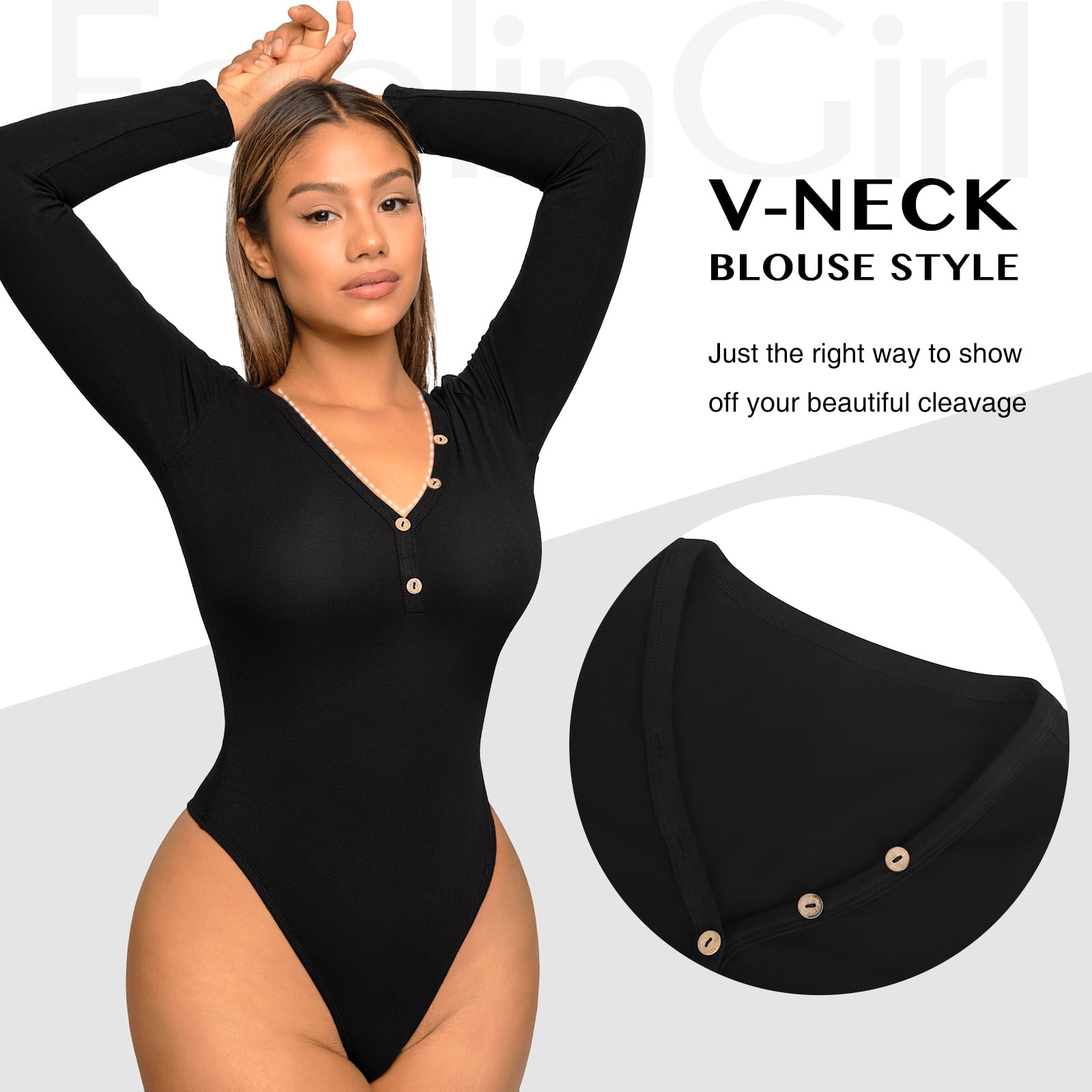 FeelinGirl Women's Deep V Neck Long Sleeve Bodysuit - Tummy Control Shapewear Thong Bodysuit for Slimming & Layering | Perfect for Work, Date Night & Everyday Wear