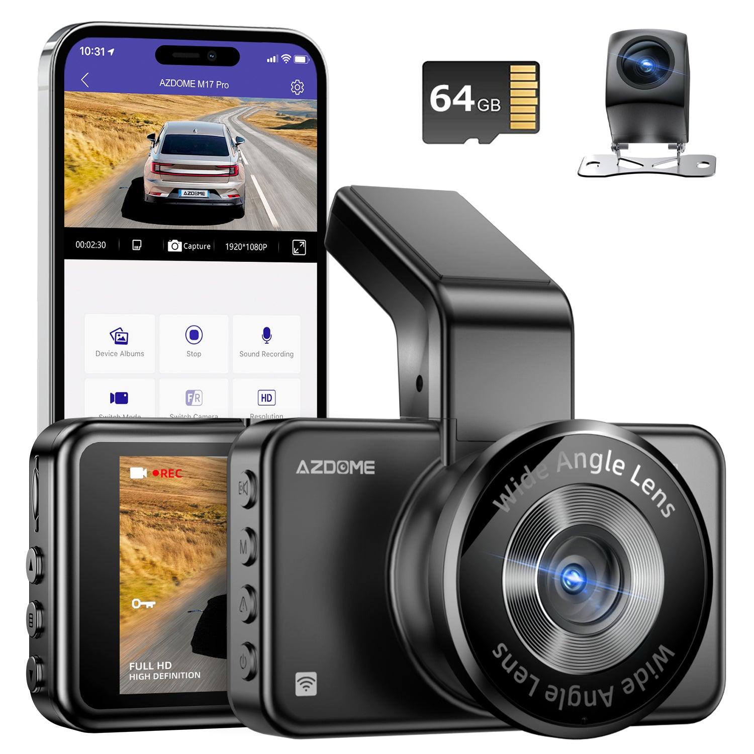 AZDOME M17 Pro 3K Dash Cam with 2K Front & 1K Rear Lenses - Voice Activated, Super Night Vision, WiFi, App Control, Loop Recording, 64GB Card Included (Supports 256GB) - Perfect for Road Trips, Uber/Lyft Drivers & Fleet Vehicles