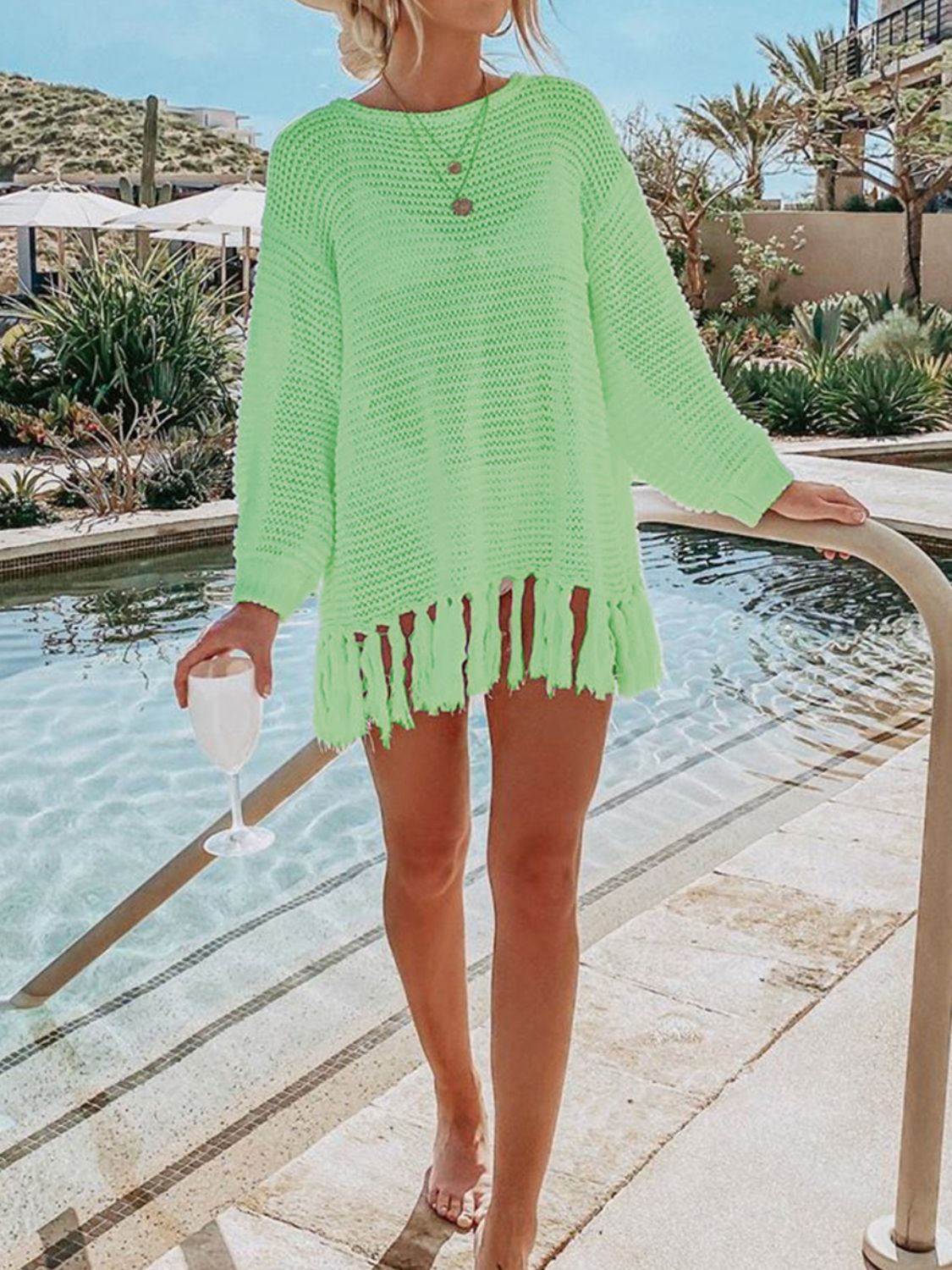 Elegant Tassel Hem Long Sleeve Knit Beach Cover Up - Stylish Swimwear Cover for Women | Perfect for Beach, Pool, Vacation & Summer Outfits