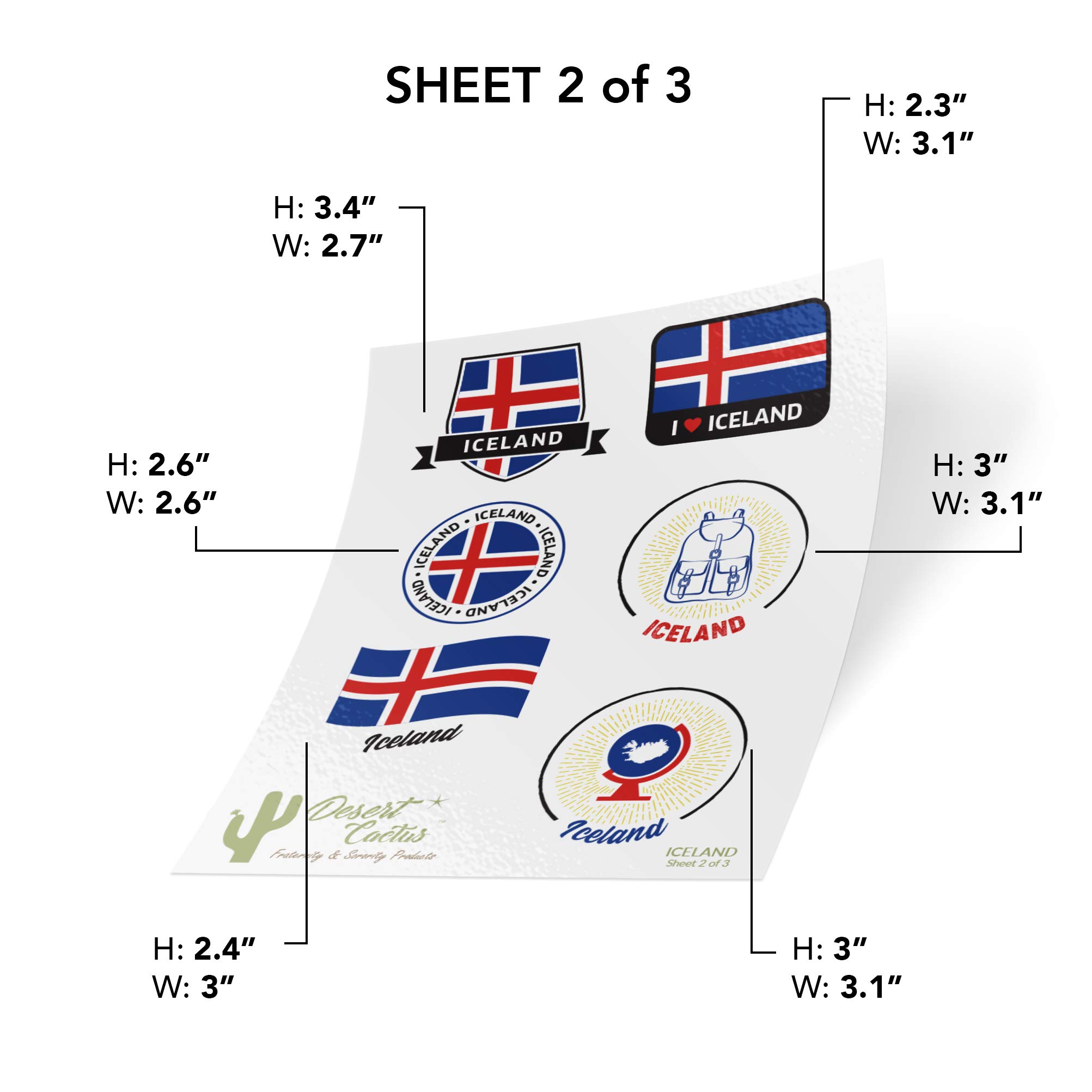 Desert Cactus Iceland Country Flag Sticker Decals - 3 Sheets of 14x12 Vinyl Stickers for Kids, Scrapbooking, Cars, Windows, Bumpers & Laptops - Perfect for DIY Crafts, School Projects & Home Decor