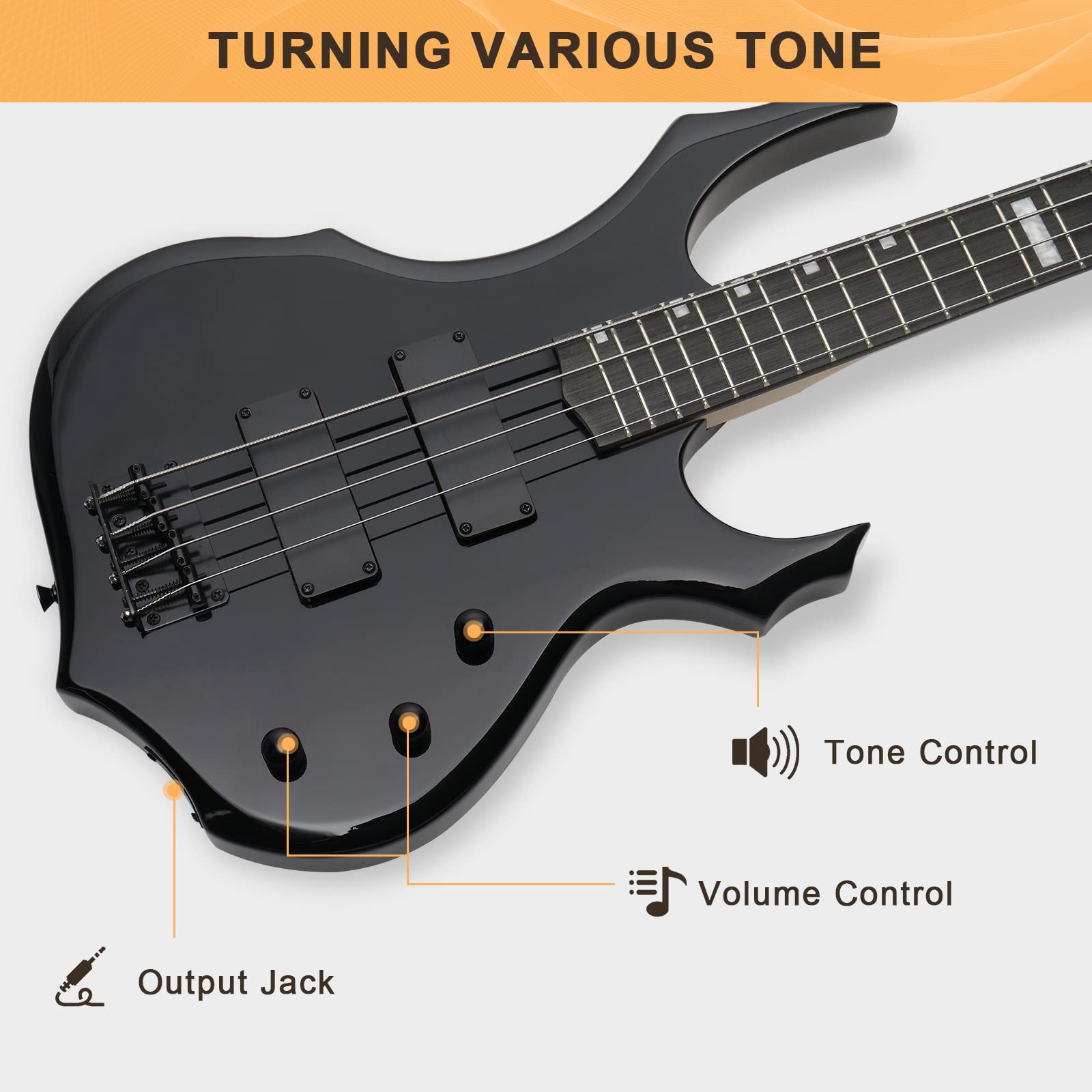 GLARRY 4-String Electric Bass Guitar with HH Pickups - Fire Style Design for Beginners & Adults - Includes Amp Cable, Gig Bag, Strap (Black) - Perfect for Rock, Jazz & Home Practice