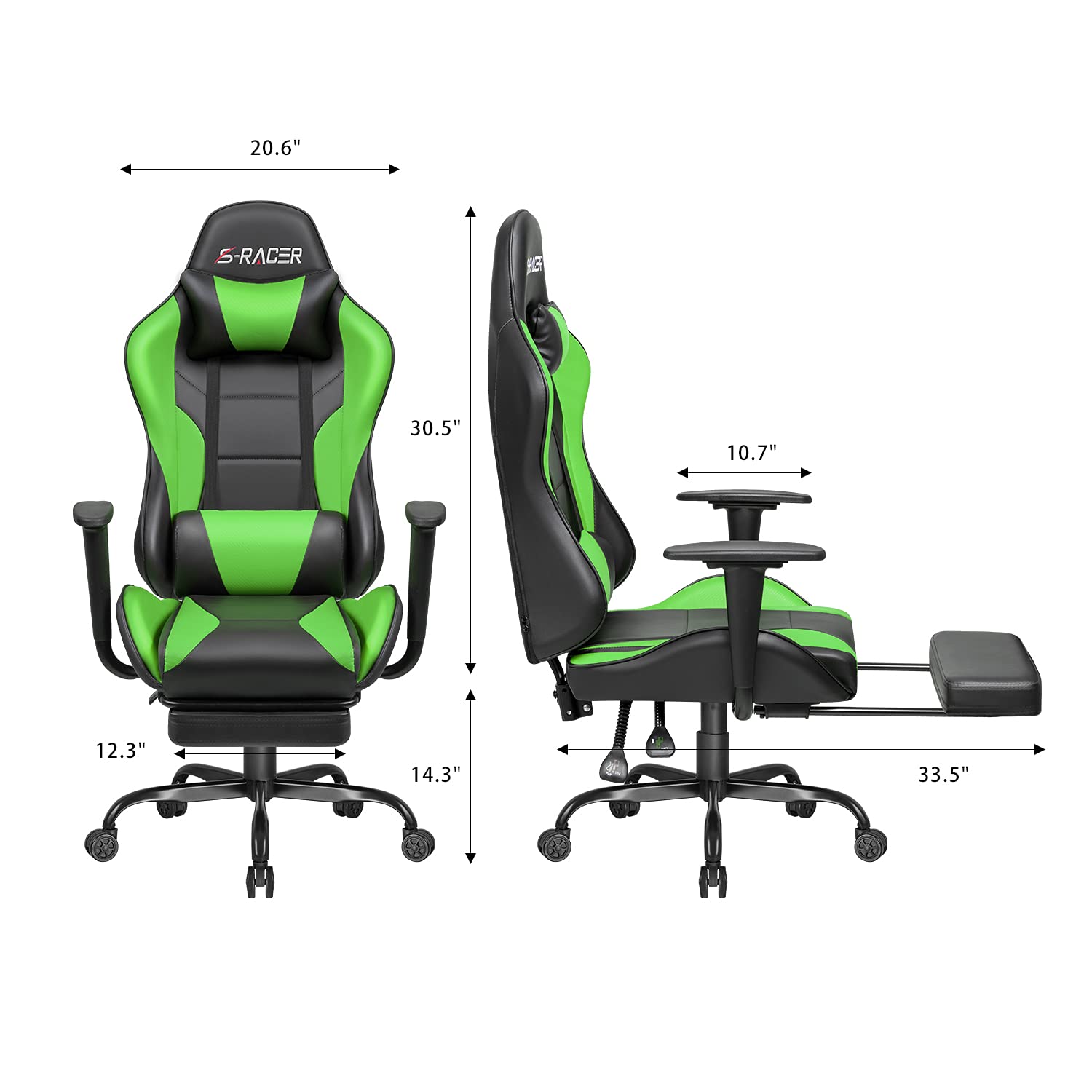 Homall Ergonomic Gaming Chair with Massage & Footrest - Adjustable Racing Style Computer Office Desk Chair, Swivel Rolling Task Chair for Home & Office (Light Green) - Perfect for Gaming, Work & Relaxation