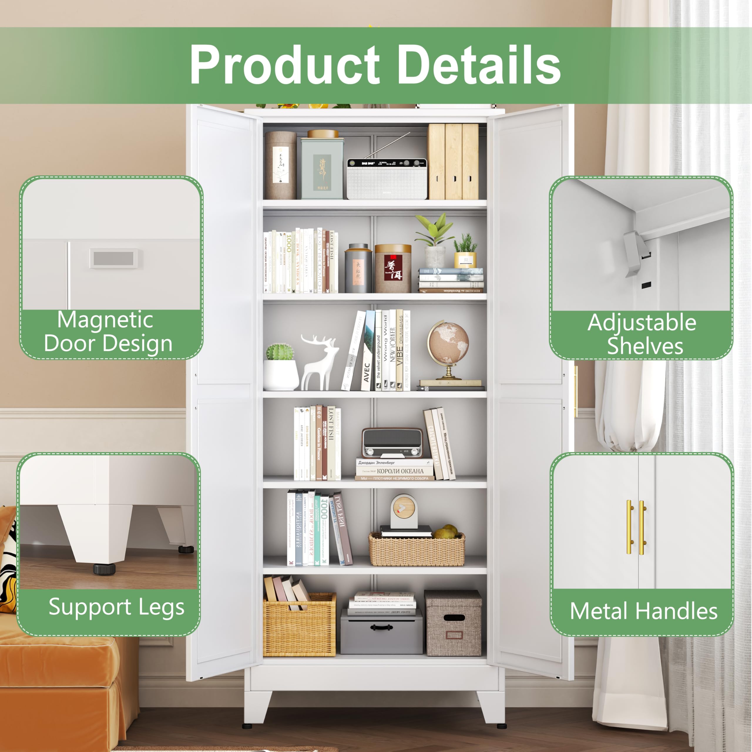 White Metal Storage Cabinet with Doors & Shelves - 74.8