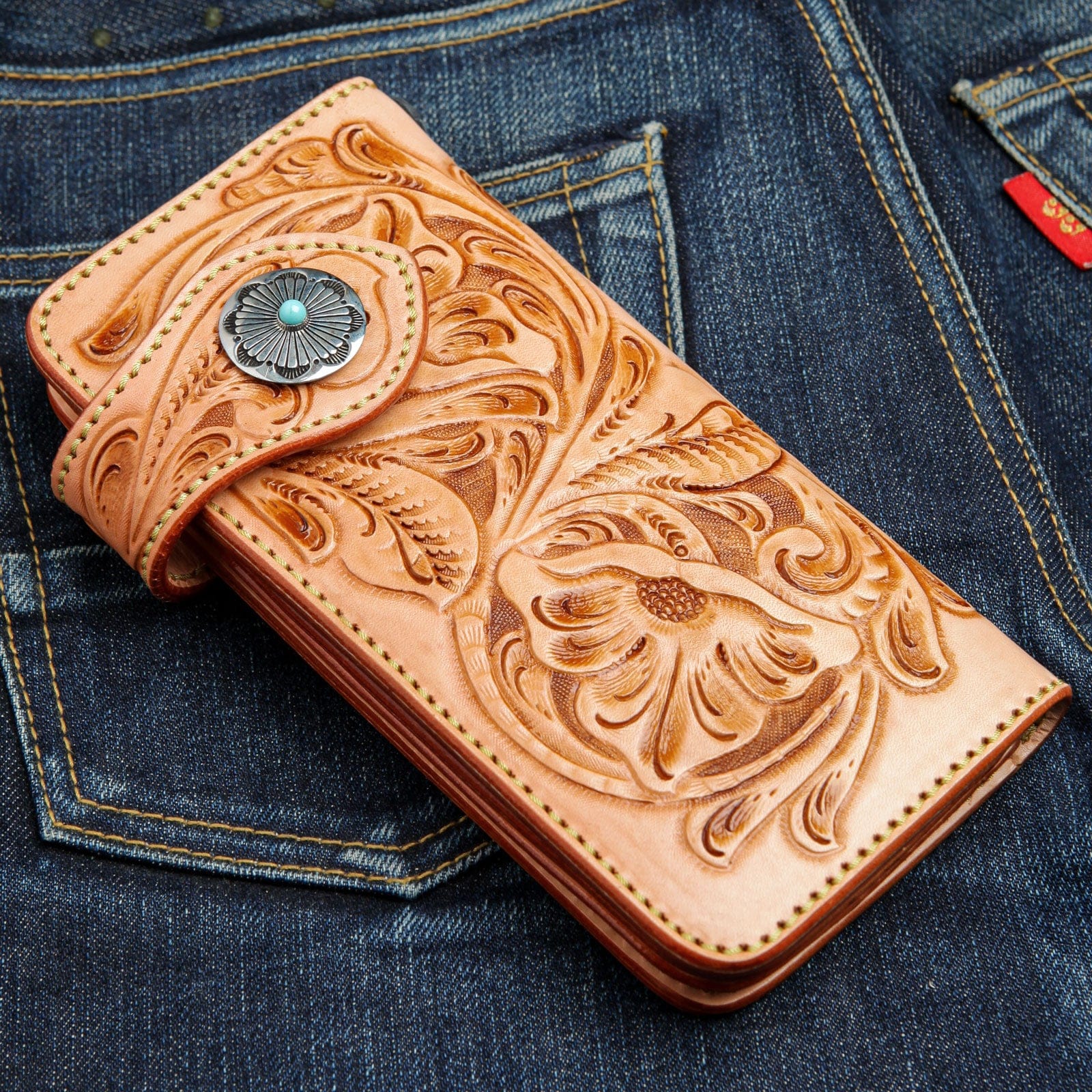 Japanese Floral Light Brown Genuine Leather Turquoise Concho Biker Wallet for Men - Western Style Money Clip Billfold with Conchos - Perfect for Motorcycle Riders, Cowboy Fashion & Gift Giving