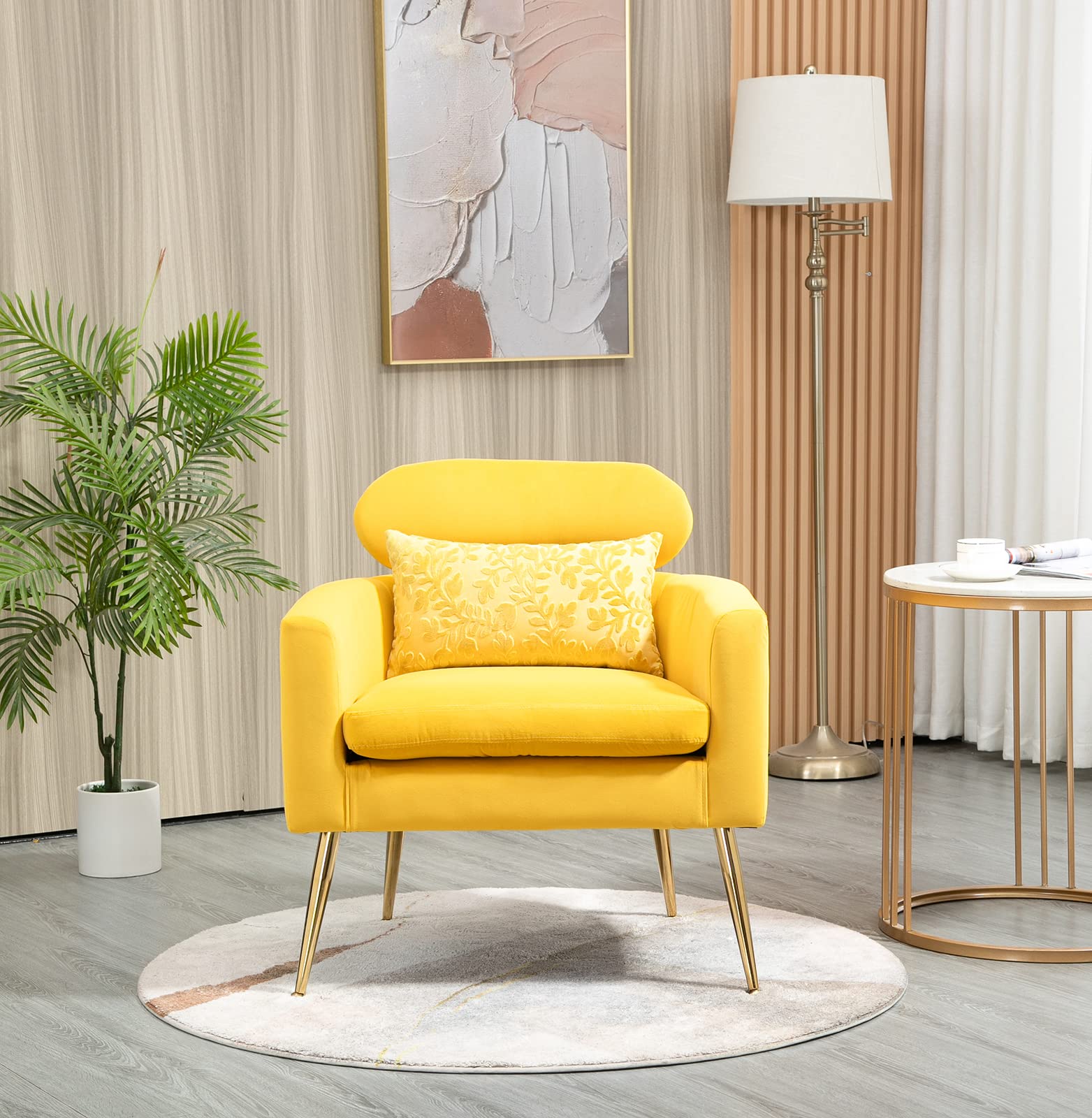 Modern Velvet Accent Chair with Golden Legs - Elegant Upholstered Armchair with Chic Pattern & Bonus Pillow - Comfortable Living Room, Bedroom & Office Seating in Yellow | Perfect for Reading Nooks, Lounge Areas & Home Decor