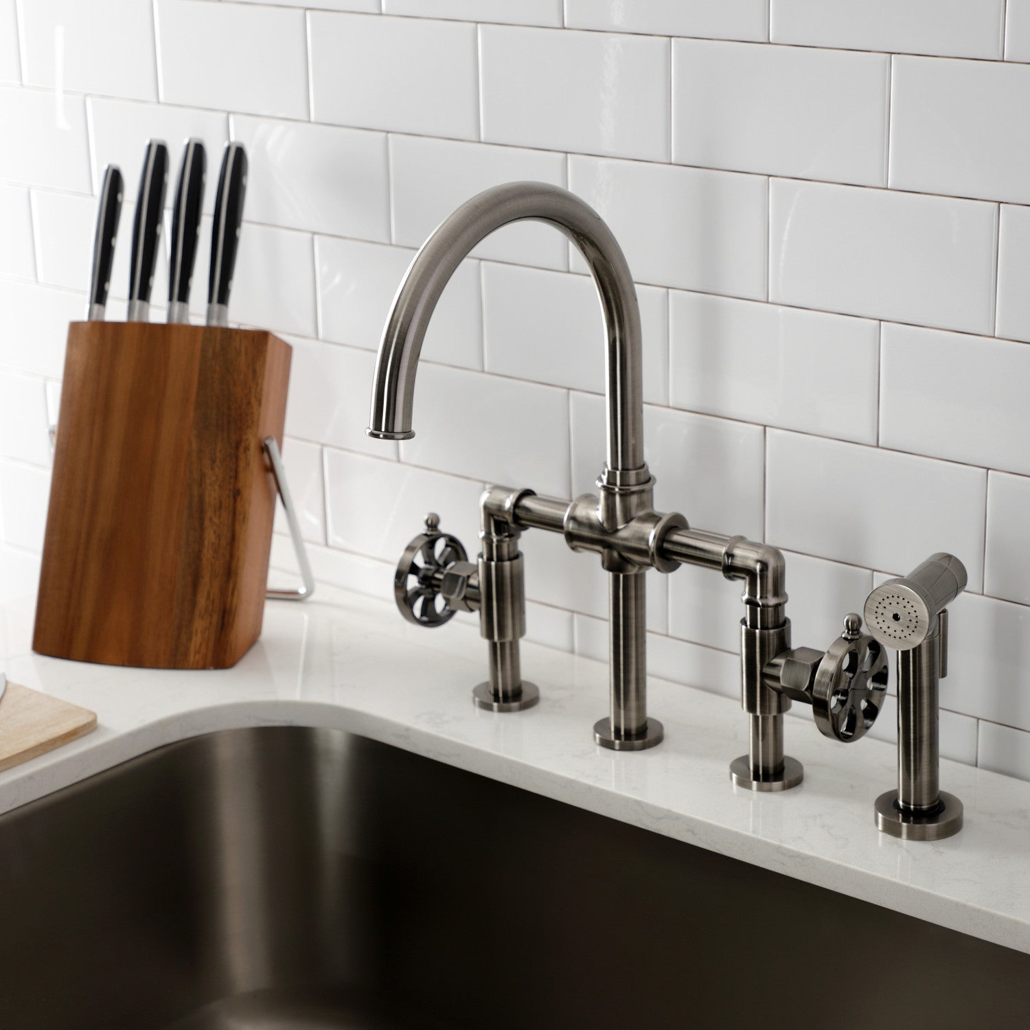 Belknap KS2334RX Black Stainless Steel Industrial Style Bridge Kitchen Faucet with Brass Side Sprayer - 2 Handle 4 Hole Deck Mount for Modern Farmhouse & Commercial Kitchens