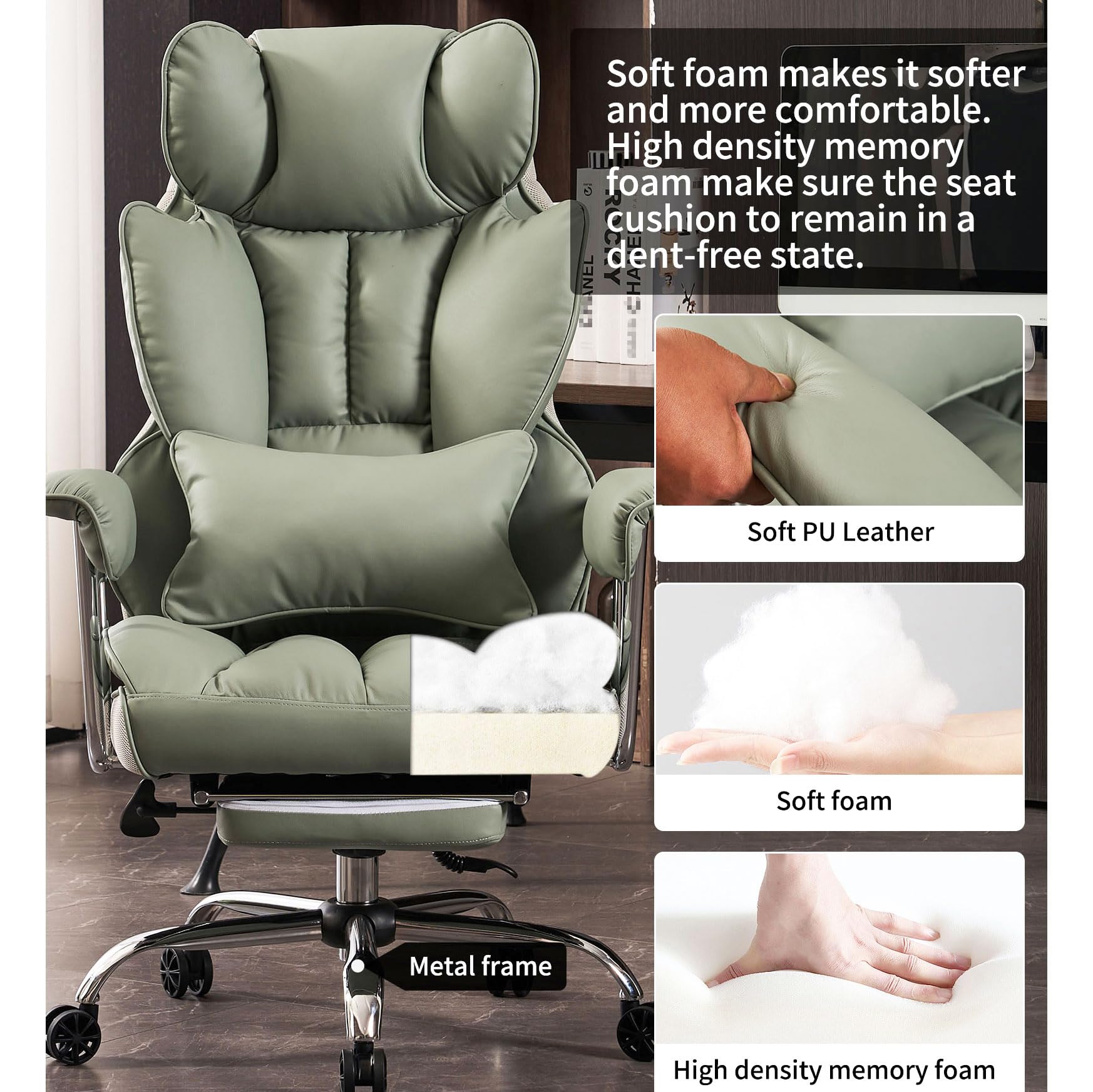 Efomao Big and Tall Office Chair 400lbs - Heavy Duty Executive Desk Chair with Footrest, PU Leather Computer Chair for Heavy People - Light Green Ergonomic Home Office Chair for Working, Gaming & Studying
