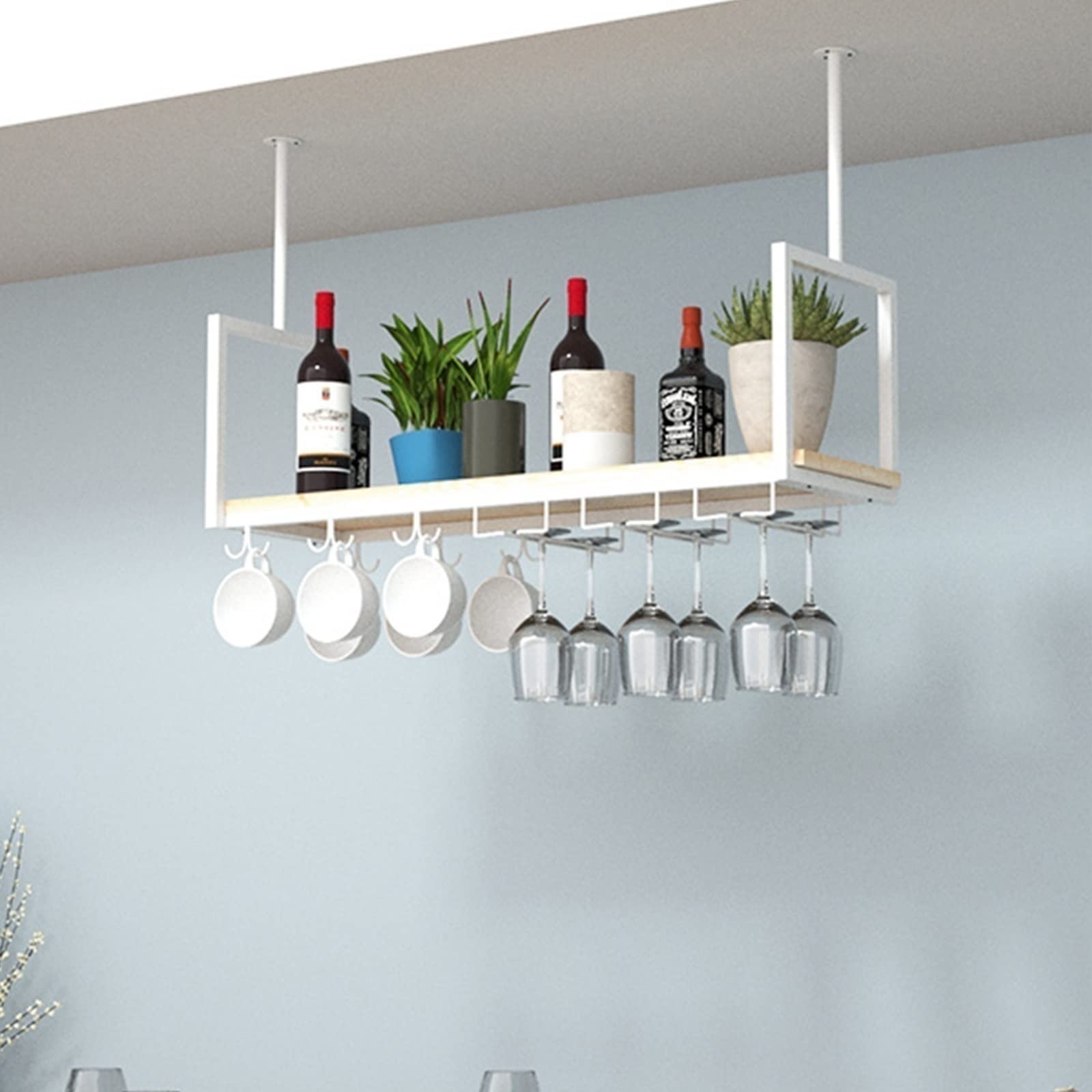 European Style Ceiling Wine Glass Holder & Hanging Plant Stand - Multi-Functional Wall Mounted Storage Rack for Kitchen, Living Room, Bar or Cafe Decor - Perfect for Upside Down Glass Display and Space-Saving Home Organization