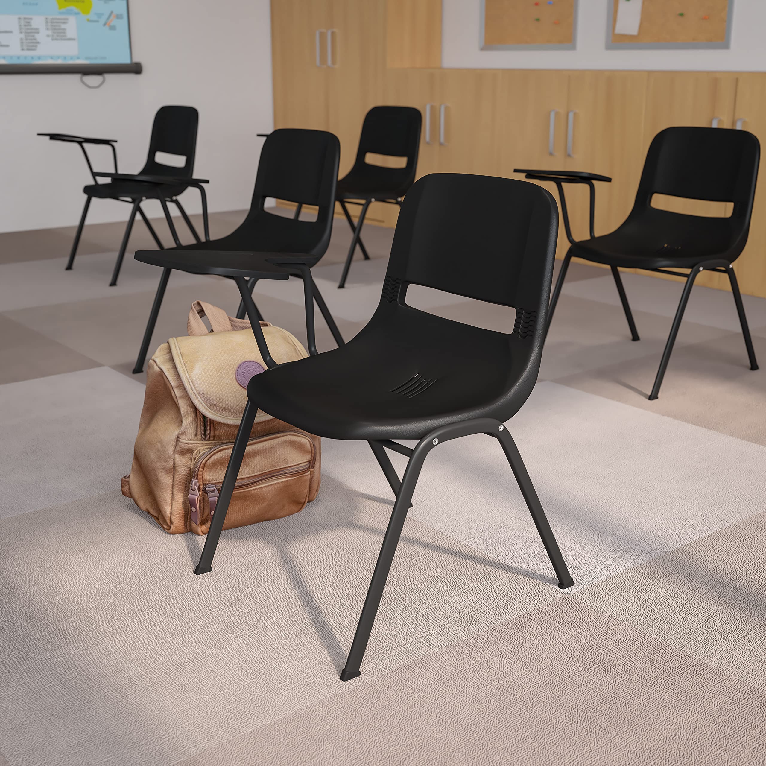 Emma & Oliver Black Ergonomic Shell Chair with Left-Handed Flip-Up Tablet Arm - Office Desk Chair for Home & Workspace - Perfect for Studying, Gaming, and Remote Work