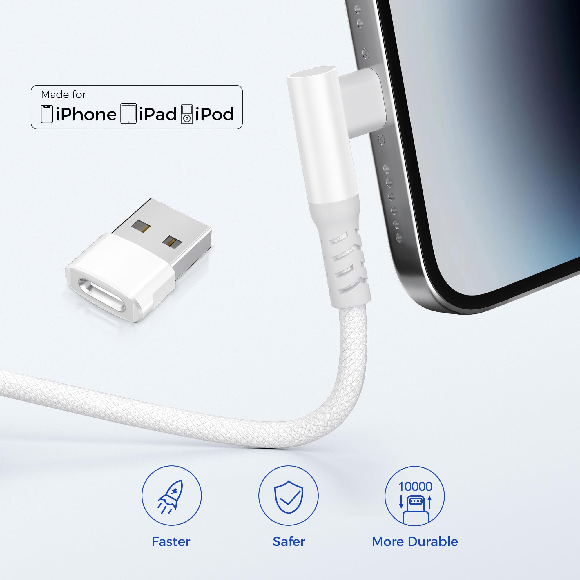 Right Angle USB C to Lightning Cable 3M with USB A Adapter - Fast Charging Cord for iPhone 14/13/12/11 Pro/Max/Plus, XS/XR/X, 8/7/SE & iPad 9th/8th Gen - Perfect for Bedside Charging, Gaming & Car Use