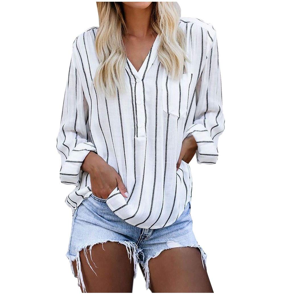 Women's Classic Loose Striped Long Sleeve Button-Down Blouse T-Shirt - Elegant OL Style Work & Casual Top in White for Office, Business Meetings & Weekend Outings