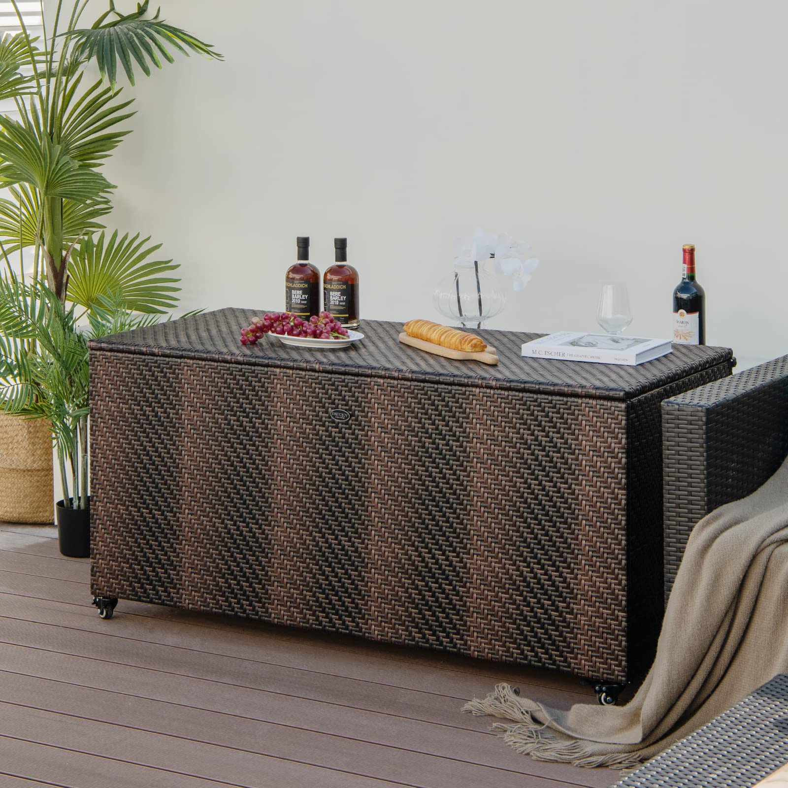 **96 Gallon Outdoor Rattan Deck Box with Wheels - PE Wicker Patio Storage Box with Liner, 2-in-1 Multifunctional Storage for Patio Furniture Cushions, Garden Tools & Pool Accessories - Perfect for Backyard, Deck, and Poolside Organization**