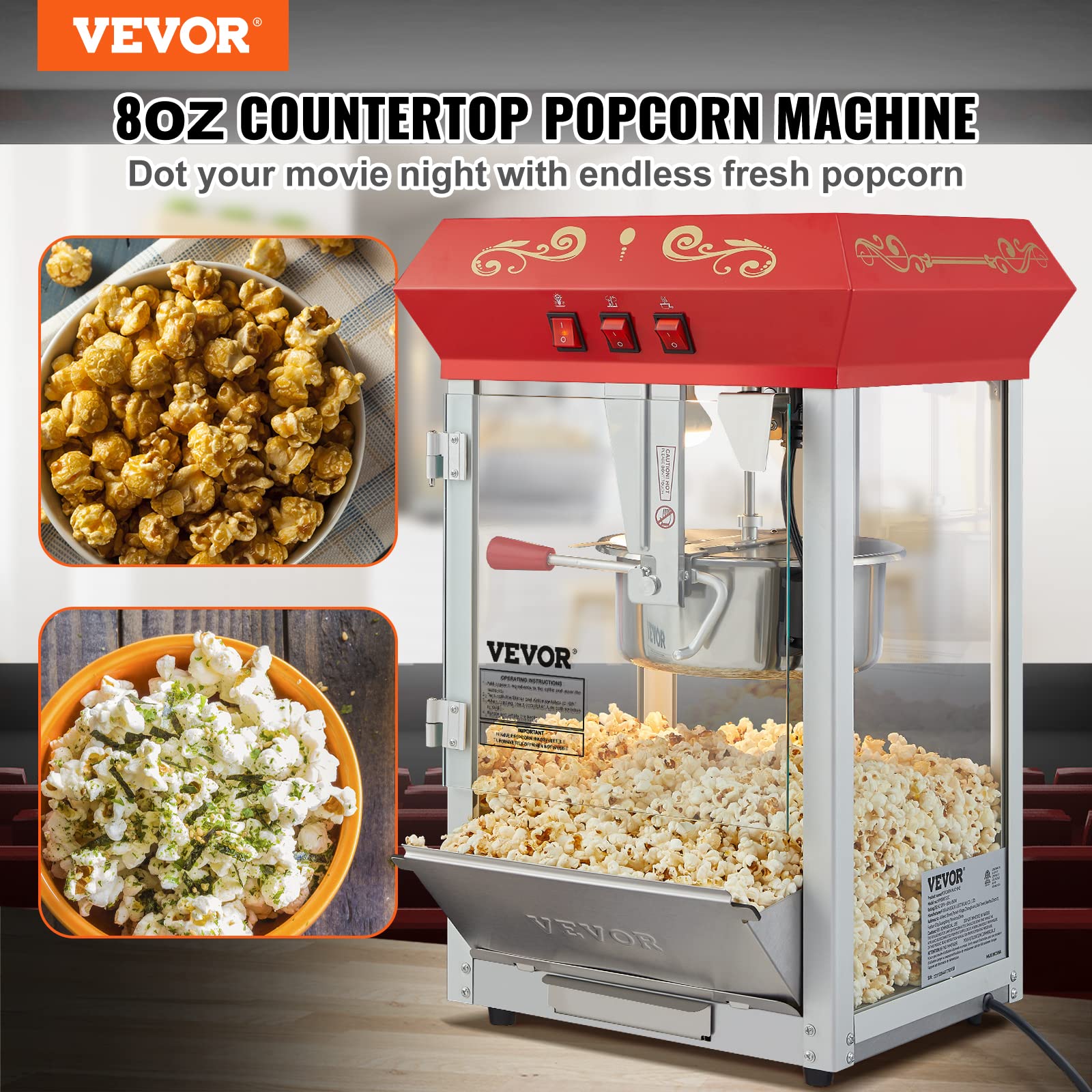VEVOR 8 Oz Commercial Popcorn Machine - 850W Countertop Popcorn Popper Makes 48 Cups per Batch, Theater Style with 3-Switch Control, Steel Frame & Tempered Glass - Perfect for Movie Nights, Parties, and Concessions (Includes 2 Scoops & 2 Spoons, Red)