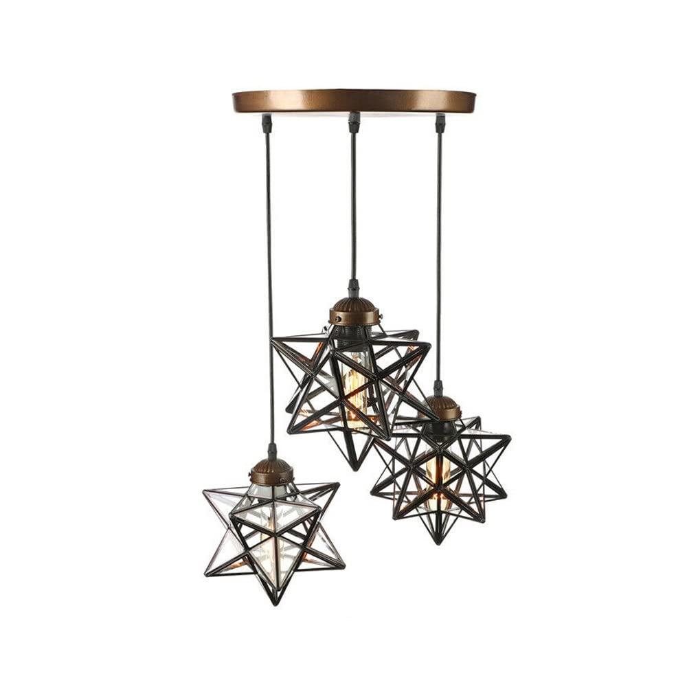 OUKANING 3-Light Moravian Star Glass Chandelier - Vintage LED Ceiling Pendant Lamp with Chain for Kitchen, Living Room, Bar & Cafe - Perfect for Farmhouse, Boho & Industrial Decor