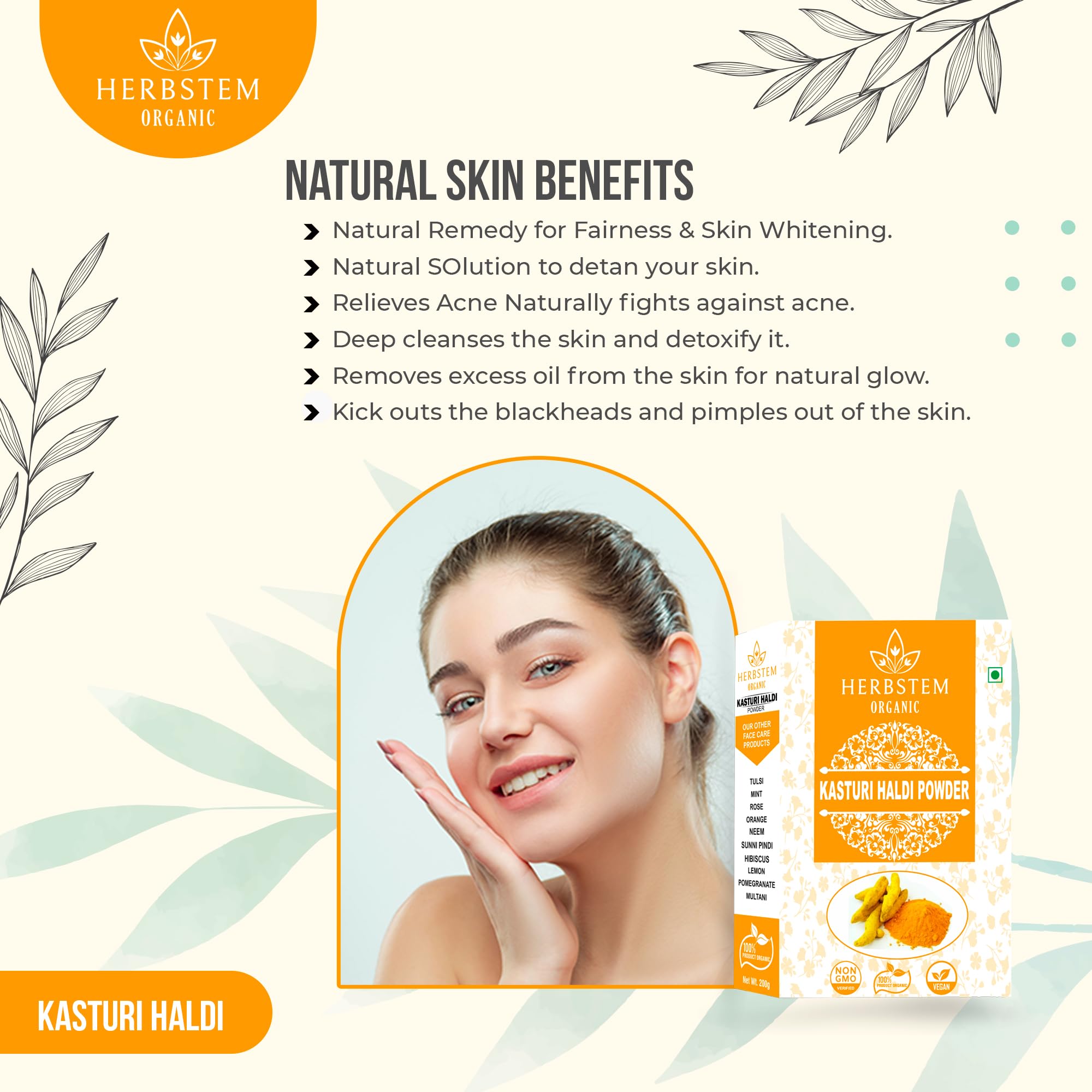 Herbstem Pure Kasturi Turmeric Powder for Face & Hair - 100g | Organic Wild Turmeric for Glowing Skin, Acne Treatment & Pimple Relief | Natural Skin Brightening Face Pack | Perfect for DIY Beauty Masks & Ayurvedic Skincare Routines
