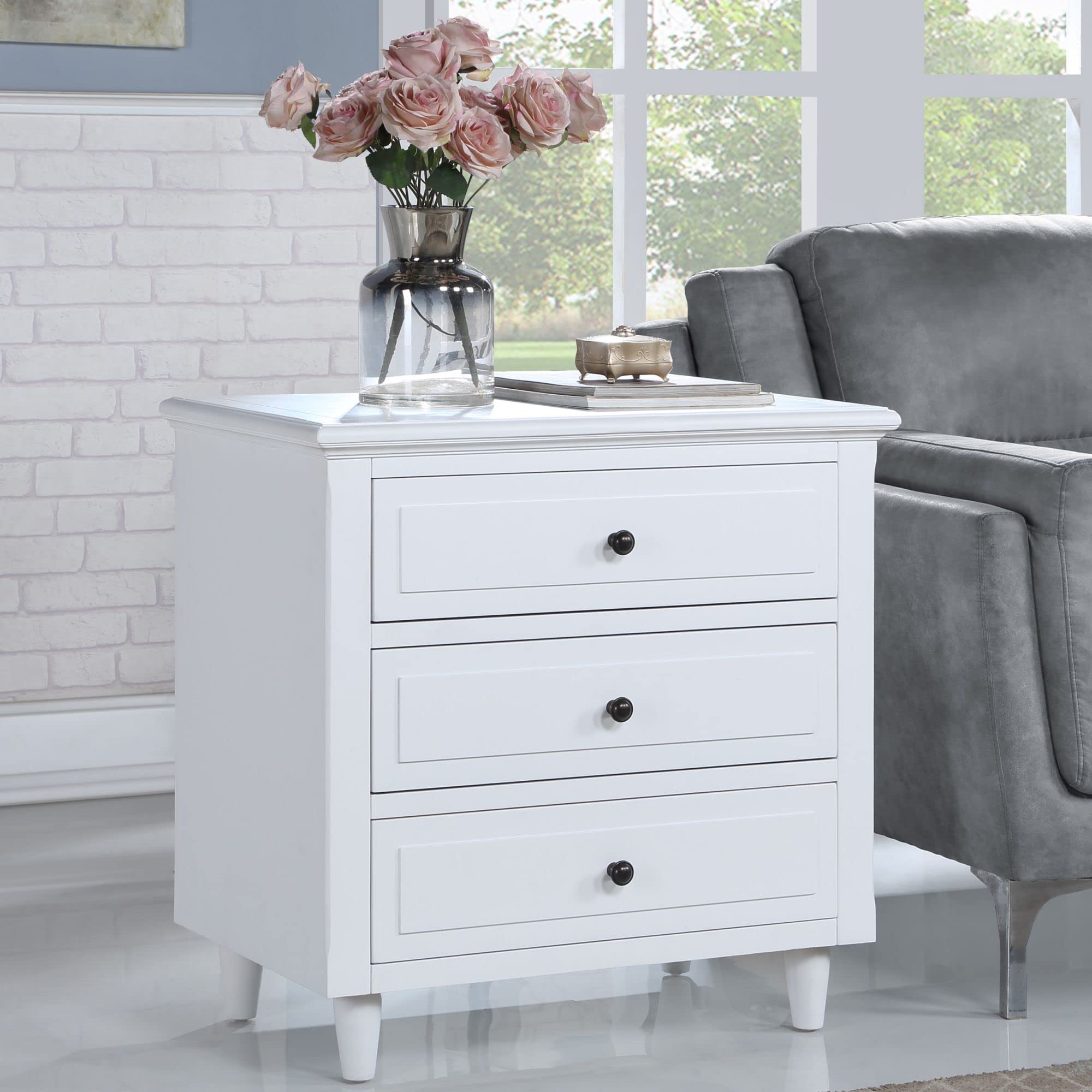 White Wooden Nightstand with 3 Drawers - Bedside Table, Sofa Side Table & Storage Cabinet for Living Room & Bedroom | Perfect for Small Spaces, Apartment Furniture & Home Organization