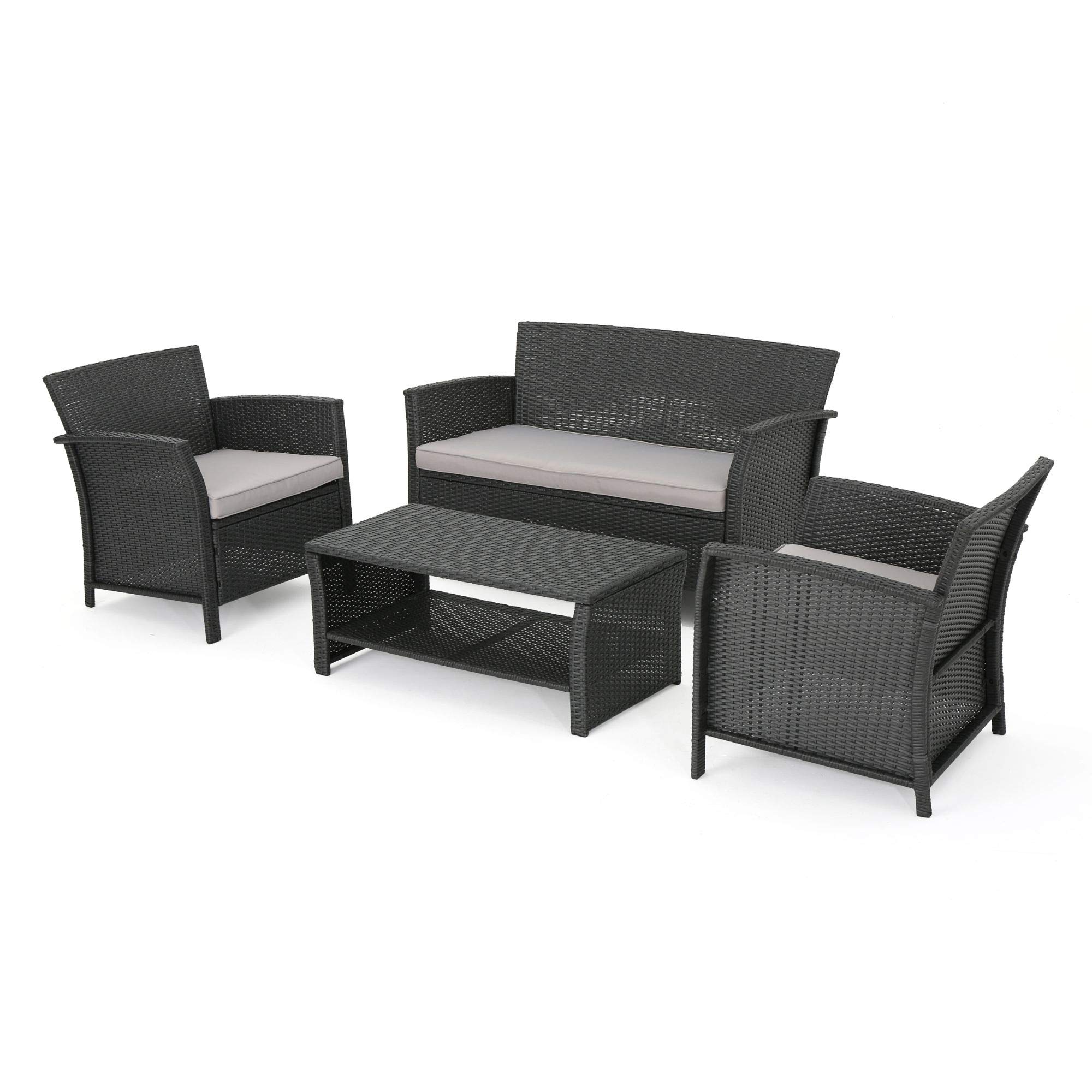 4-Piece Gray Wicker Outdoor Patio Furniture Set with Silver Cushions - Contemporary Rattan Sofa Chat Set for Garden, Poolside & Backyard Relaxation
