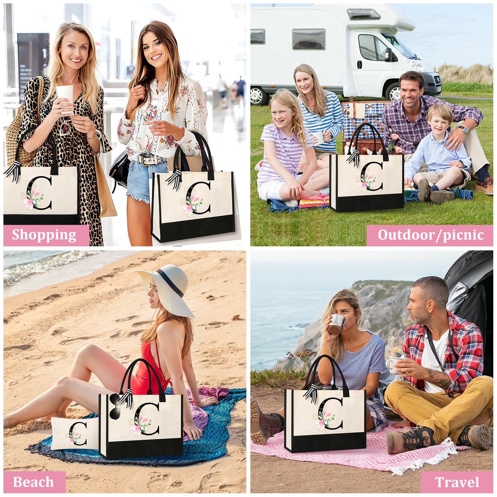 AYGE Personalized Monogrammed Beach Tote Bag for Women - Custom Makeup Bag, Ideal Birthday Gift for Sister, Mom, Teacher, Bridesmaid - Perfect for Beach Days, Travel, and Shopping (C)