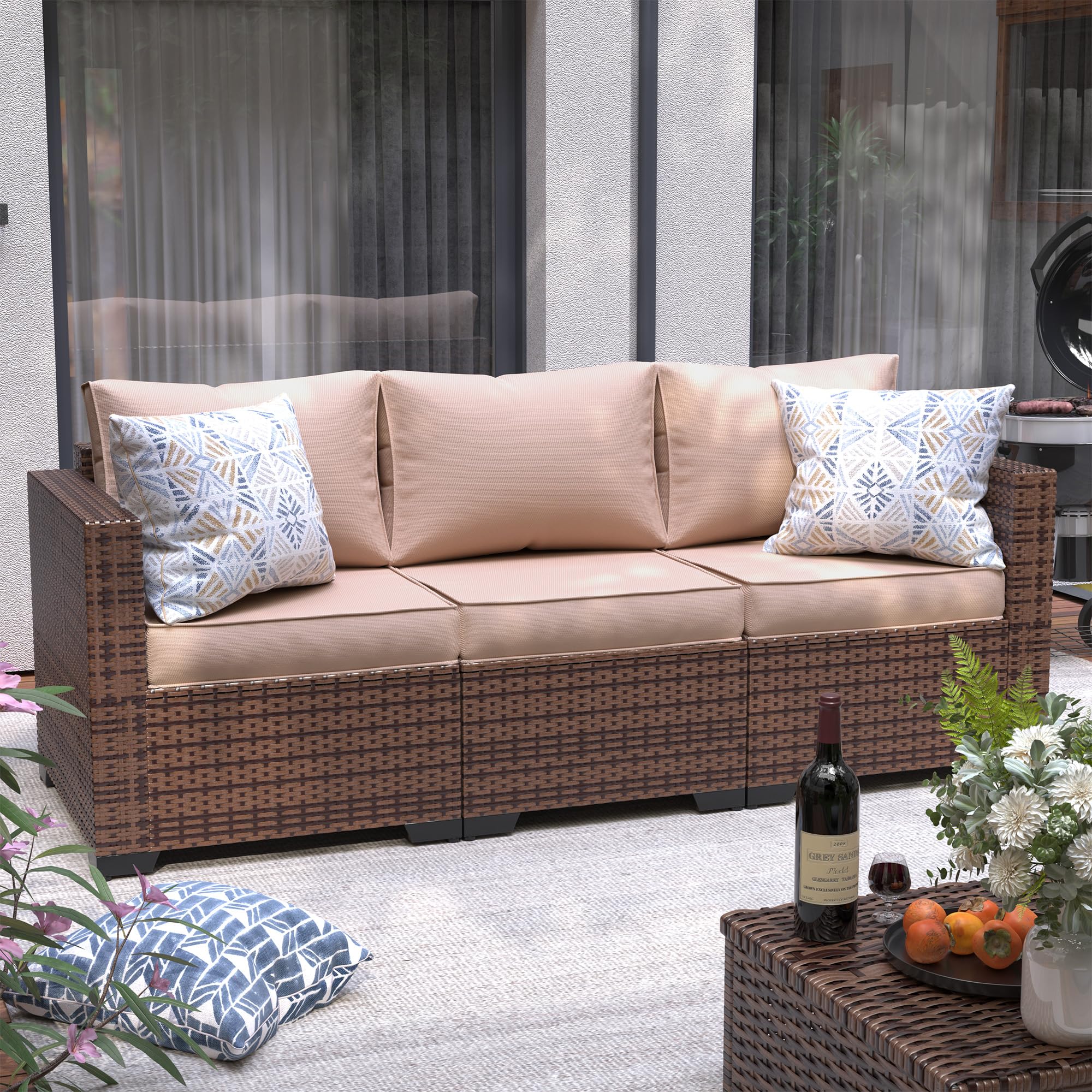 UDPATIO 3-Seat Patio Wicker Sofa Set - Outdoor Rattan Sectional Couch with Steel Frame, Waterproof Furniture Cover, Non-Slip Cushions & Deep Seating High Back - Khaki Brown - Perfect for Garden, Poolside, Balcony & Backyard Relaxation