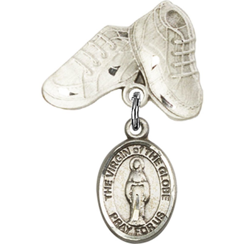 Sterling Silver Baby Badge with Virgin of The Globe Charm and Baby Boots Pin - 1 X 5/8 Inches - Perfect for Christening Gifts, Baby Showers & First Communion Keepsakes