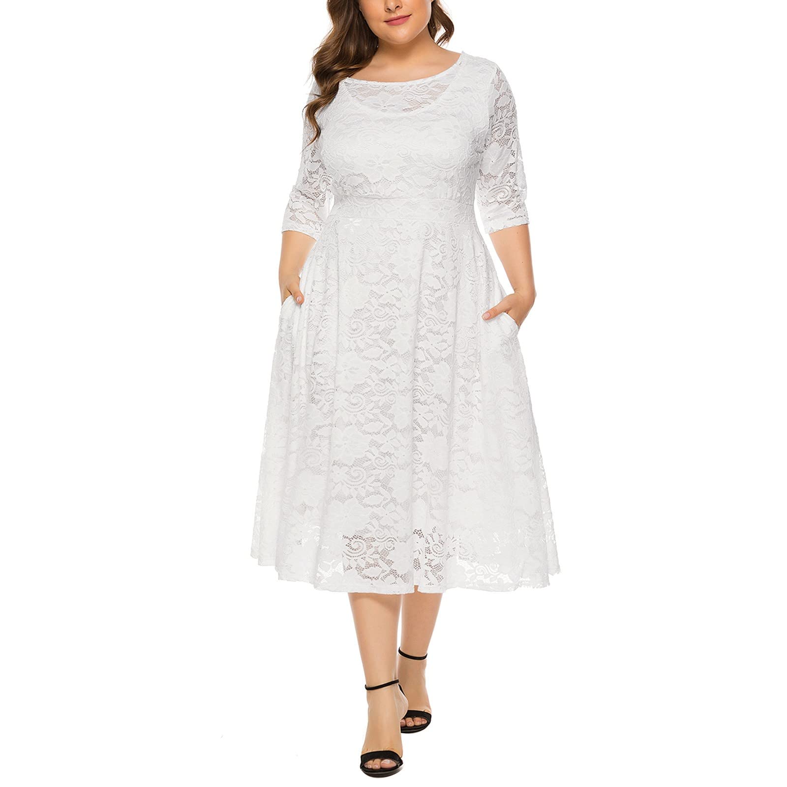 Plus Size White Floral Lace Midi Dress for Women - Scoop Neck Cocktail Party Dress | Elegant Wedding Guest, Bridal Shower & Summer Outfit