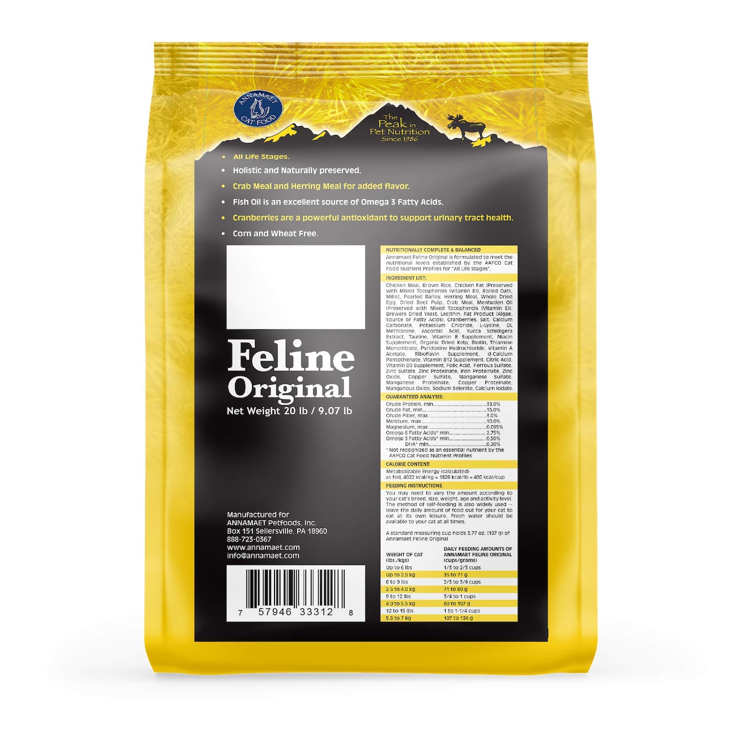 Annamaet Original Feline Formula Dry Cat Food - Chicken & Brown Rice Recipe, 20 lb Bag for Adult Cats - High Protein Grain-Free Kibble for Indoor & Outdoor Cats