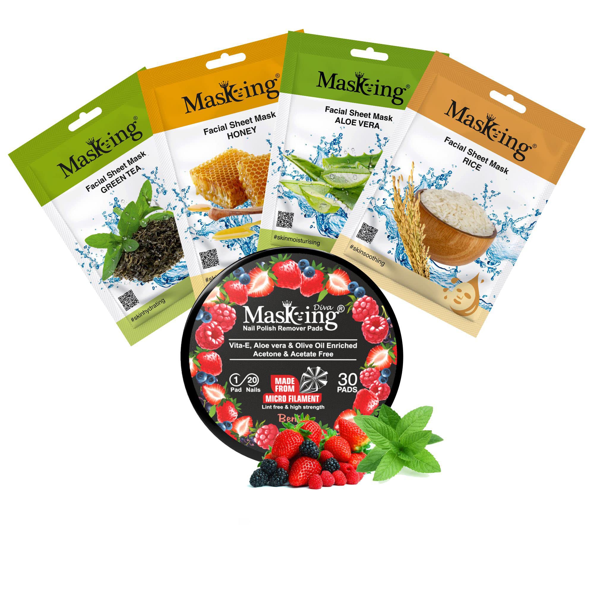Premium Green Tea, Honey, Aloe Vera & Rice Facial Sheet Mask Set (4-Pack) for Women & Men - Hydrating & Brightening Skincare | Acetone-Free Nail Polish Remover Pads (30 Count) - Perfect for Spa Day, Travel & At-Home Beauty Routine
