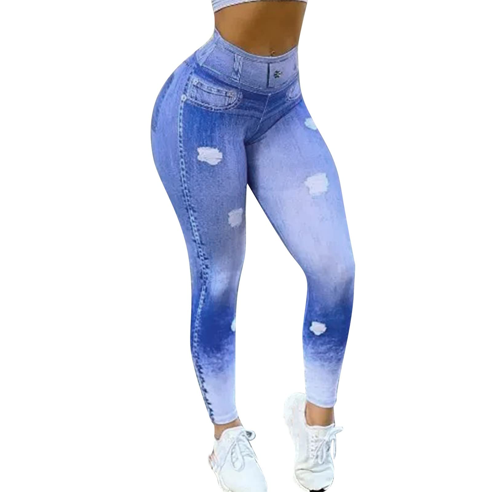 Women's Stretchy High-Waisted Black Faux Denim Leggings with Pockets - Sexy 3/4 Length Leggings That Look Like Jeans | Perfect for Casual Wear, Workouts & Everyday Fashion