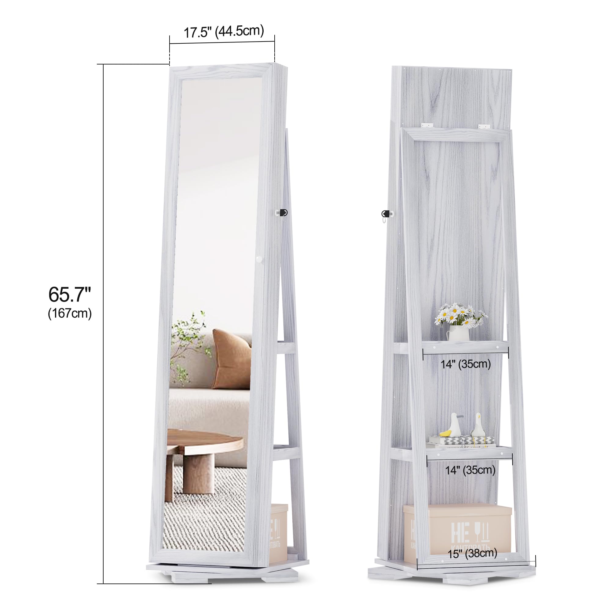360° Rotating Jewelry Armoire with Full-Length Mirror & Lockable Storage - 66