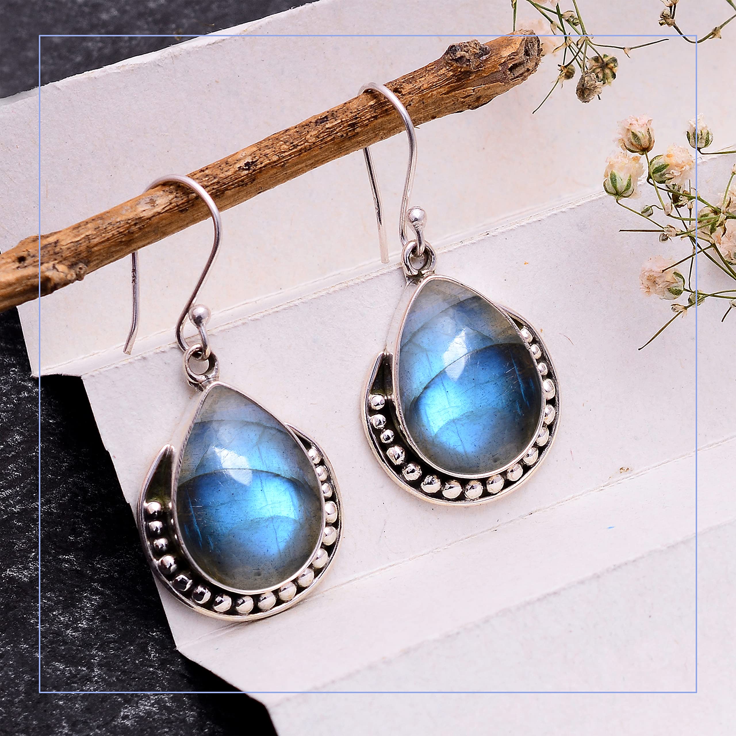 Labradorite Earrings for Women - 925 Sterling Silver Blue Green Gemstone Jewelry | Handmade Dangle Earrings with Labradorite Stone | Perfect for Gift, Wedding & Evening Wear (VSE-442)