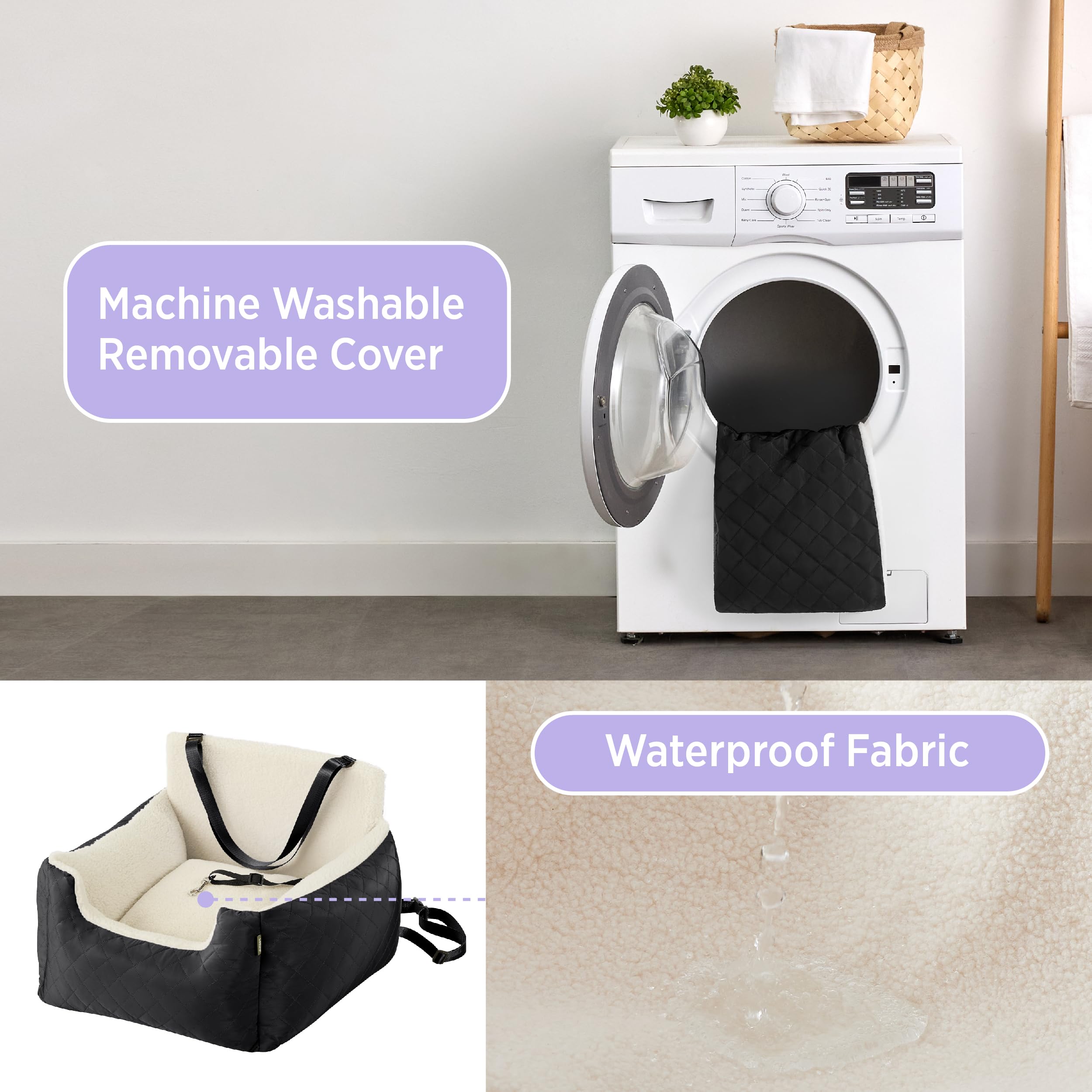 **Waterproof Small Dog Car Booster Seat - Travel Pet Carrier Bed with Clip-On Leash for Medium Dogs (54.5x49.5x38cm, Black) - Perfect for Road Trips & Safe Car Rides**