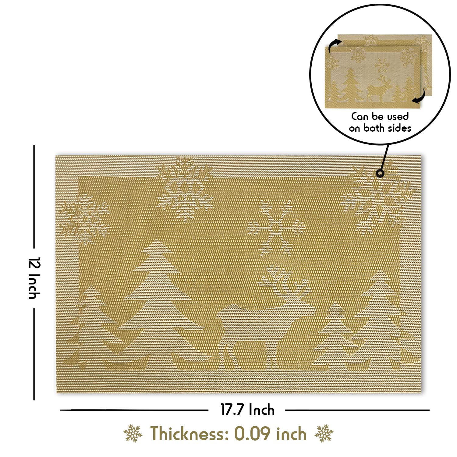 6-Piece Christmas Reindeer & Gold Woven Vinyl Non-Slip Placemats Set - Washable, Anti-Skid Table Mats for Kitchen Dining, Holiday Decor & Festive Gatherings