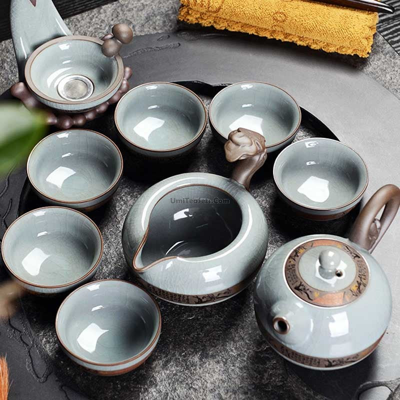 Premium Ice Crack Ruyao Ceramic Tea Set with Black Stone Tray - Traditional Chinese Gongfu Tea Ceremony Set for Home & Office Use