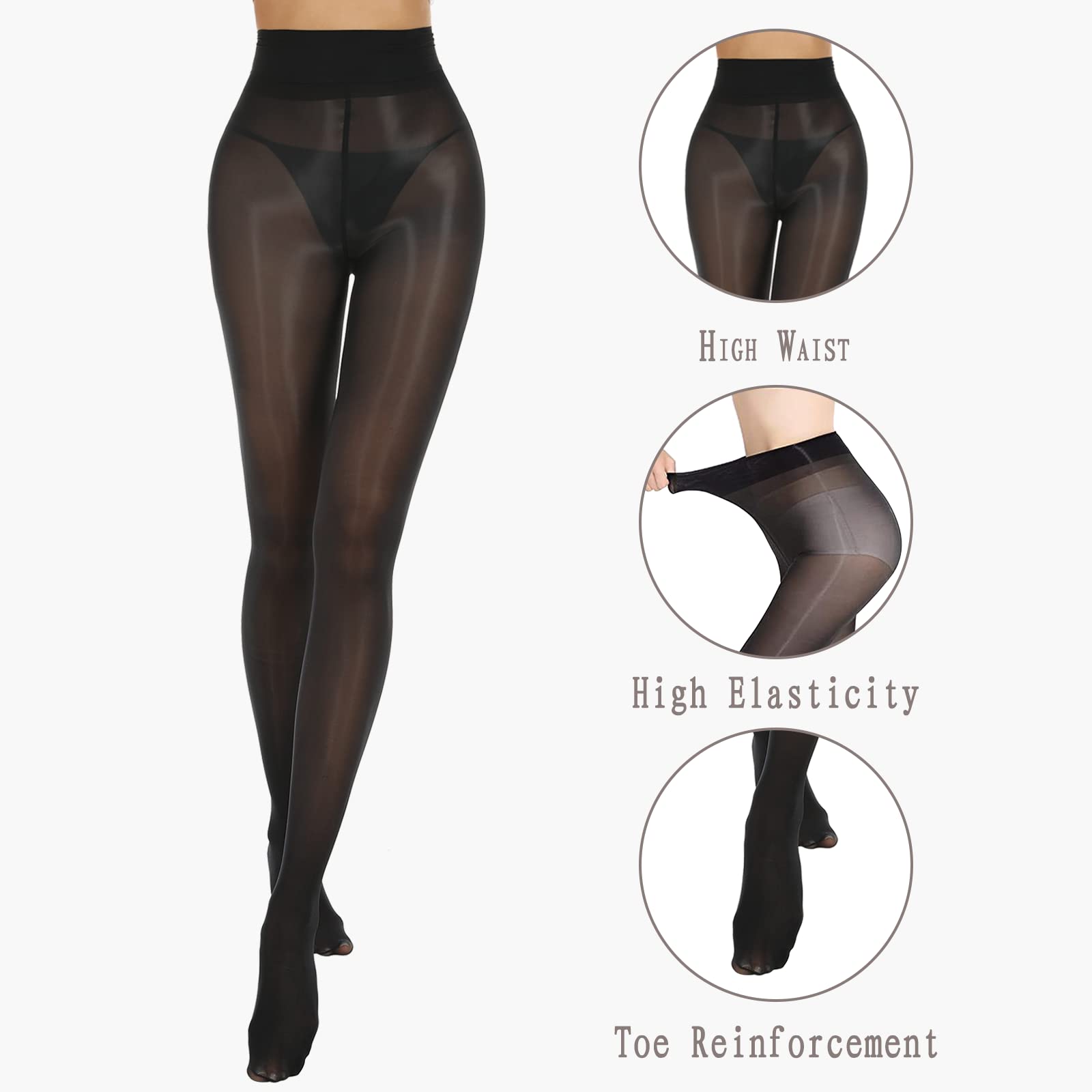 MANZI 2 Pairs Women's Shiny Sheer Tights - High Waist Silk Comfort Stockings, Oil Shimmery Nylons Pantyhose for Everyday Wear, Office, Party & Special Occasions