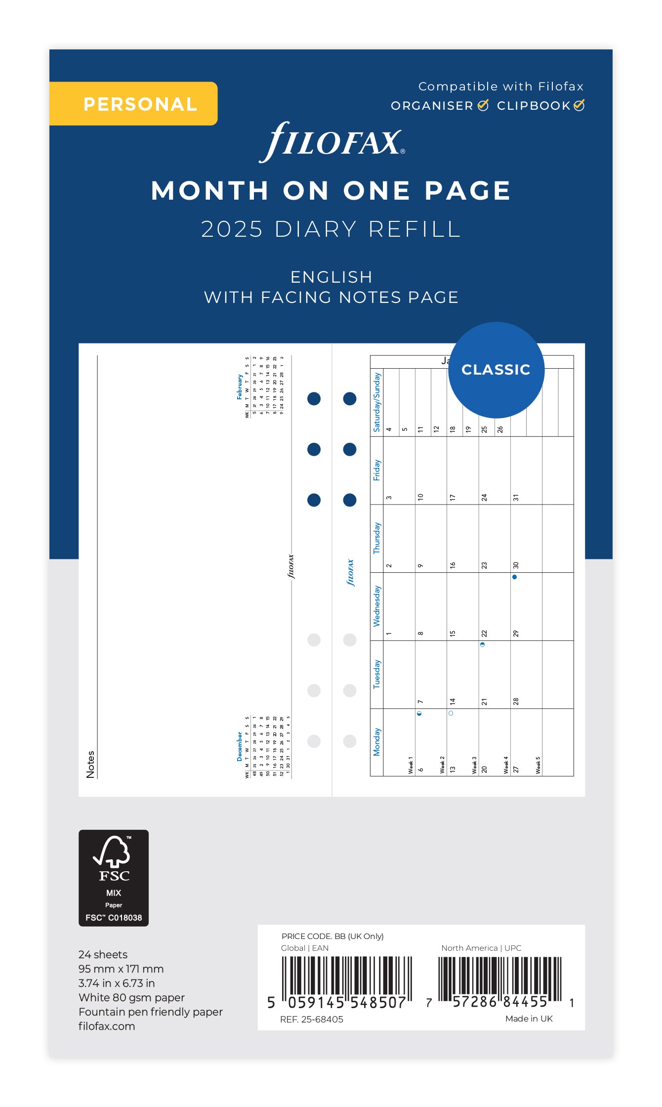 2025 Filafax Personal Refill Planner - Monthly Pages with Notes Section (95mm x 171mm) | Perfect for Organizing Schedules, Meetings & Daily Tasks