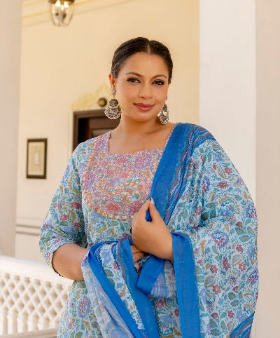 Stylish Plus Size Blue Jaipuri Print Kurti Dupatta Set of 2 - Perfect for Festivals, Weddings & Ethnic Occasions