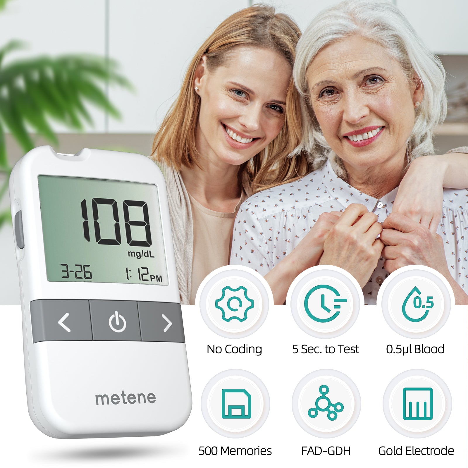 Metene AGM 513S Blood Glucose Monitor Kit - 100 Test Strips, 100 Lancets, Lancing Device, Control Solution & Travel Case - No Coding Required - Ideal for Diabetes Management at Home & On-The-Go