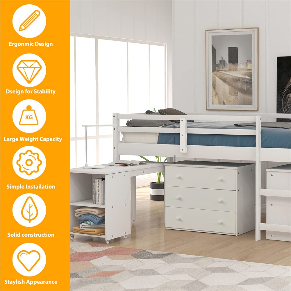**Twin Size Wood Loft Bed Frame with Cabinet & Rolling Desk - Low Study Loft Bed, Easy Assembly (White) - Perfect for Small Spaces, Dorm Rooms & Kids' Bedrooms**
