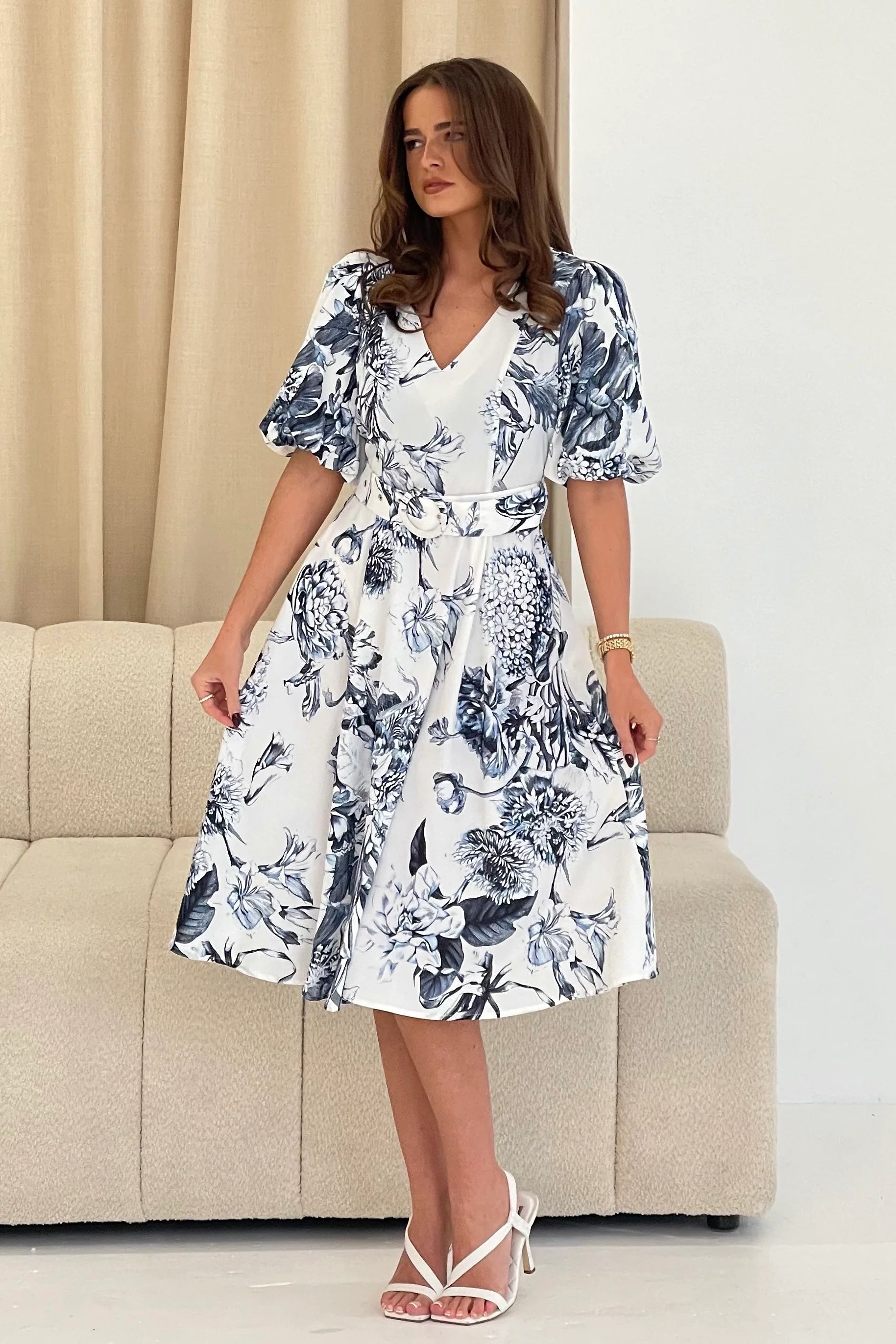 Bryn Puff Sleeve Midi Dress - Floral Print Blue Summer Dress for Women | Perfect for Beach Vacations, Garden Parties & Date Nights