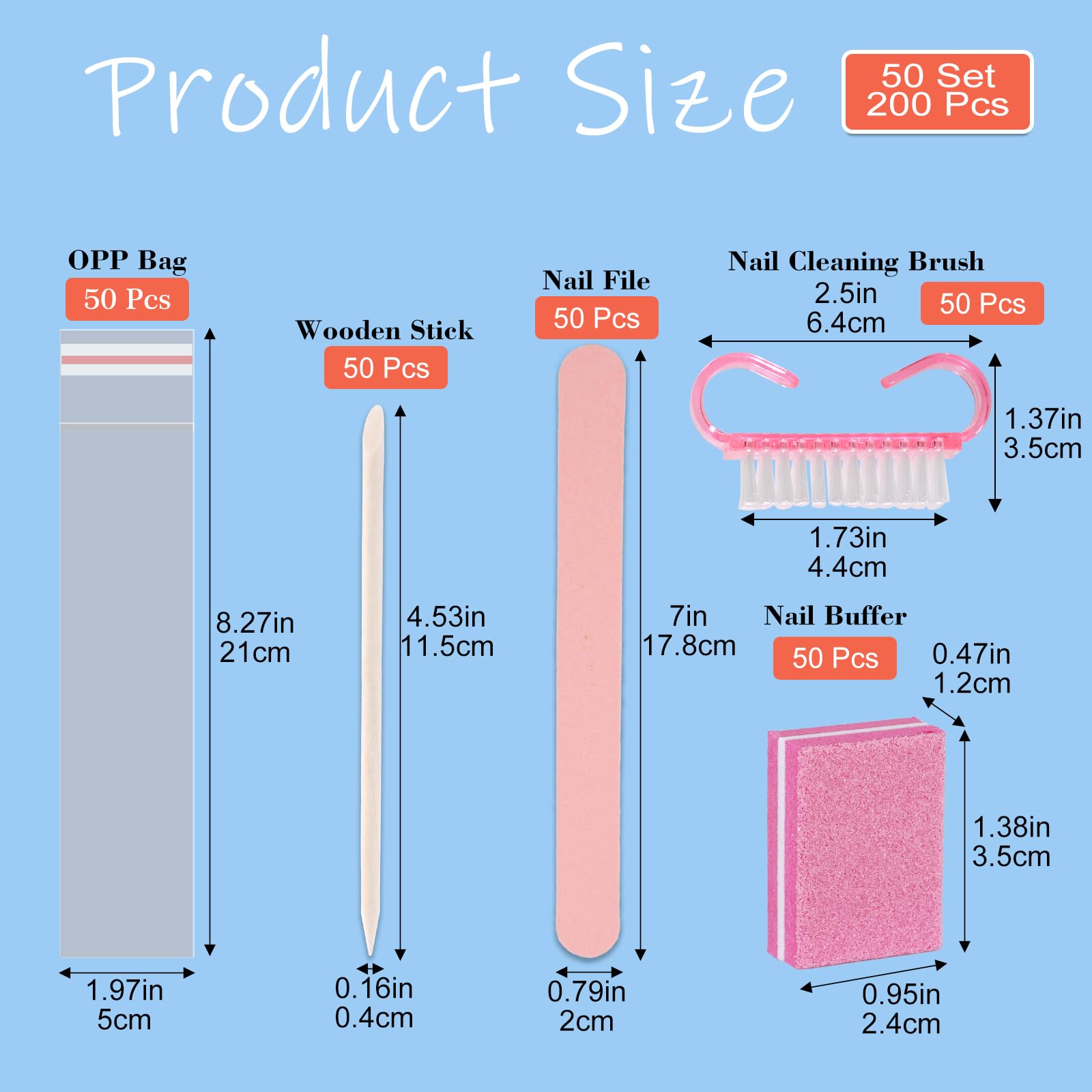 Professional Disposable Manicure Kit - 50-Piece Press On Nail Tool Set with Mini Buffer, Nail Files, Wooden Cuticle Pusher & Brush for Salon & Home Use | Perfect for DIY Nail Care, Travel & Professional Manicures (Pink)