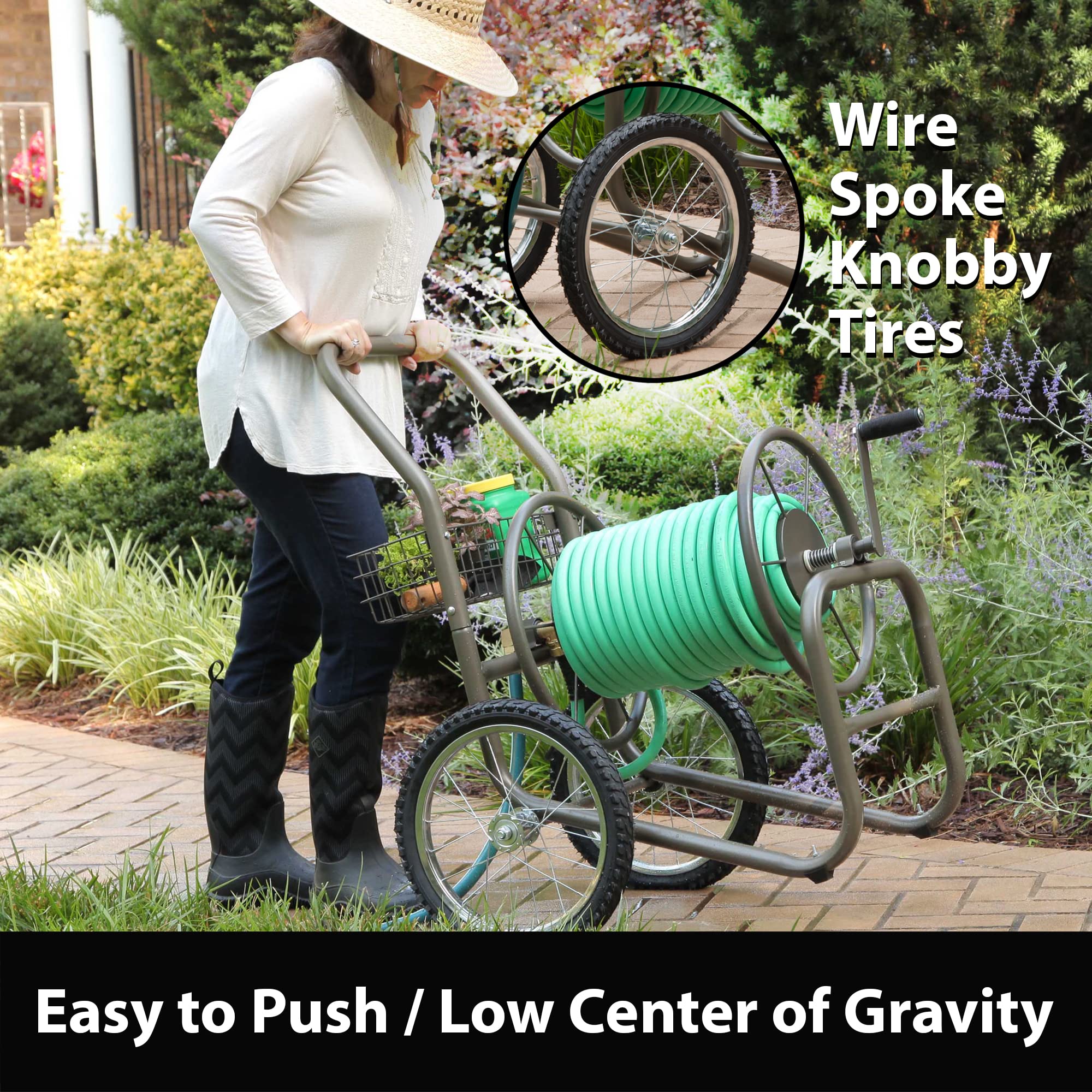 Liberty Garden 880 Industrial 2-Wheel Pneumatic Tire Garden Hose Reel Cart with 300ft Capacity - Heavy Duty Bronze Outdoor Watering System for Lawn, Yard & Garden Irrigation