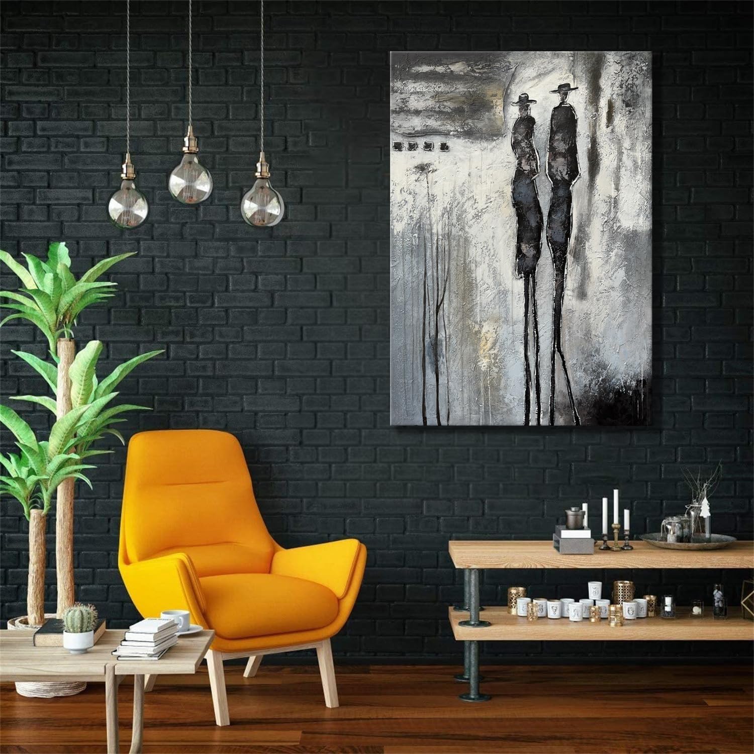 Yao or Miao Hand-Painted Dark Lover in Rain Oil Painting - 28x40 Inches Black & White Abstract Wall Art with Texture - Modern Home & Office Decor for Living Room, Bedroom, or Gallery Display