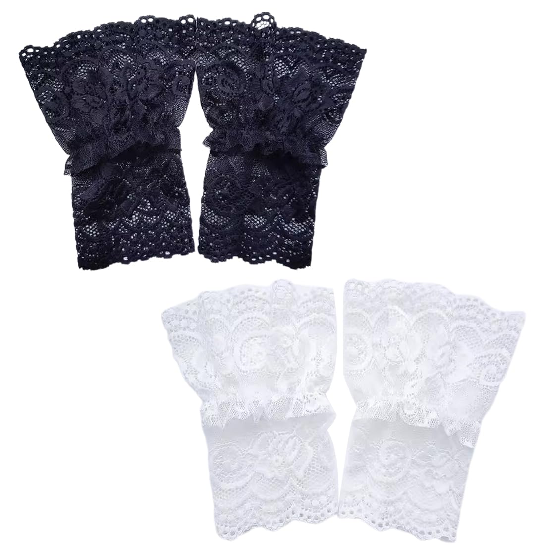 Elegant Black & White Lace Gloves - Fingerless Mesh Gloves for Brides & Bridesmaids - 2 Pairs with False Sleeves - Perfect for Weddings, Parties & Vintage Fashion Accessories