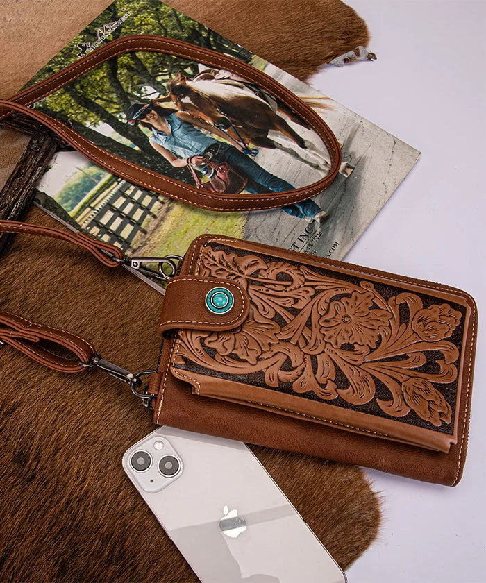 Montana West Genuine Leather Tooled Crossbody Phone Purse with Concho Detailing - Western Style Small Handbag for Women, Perfect for Concerts, Shopping & Travel
