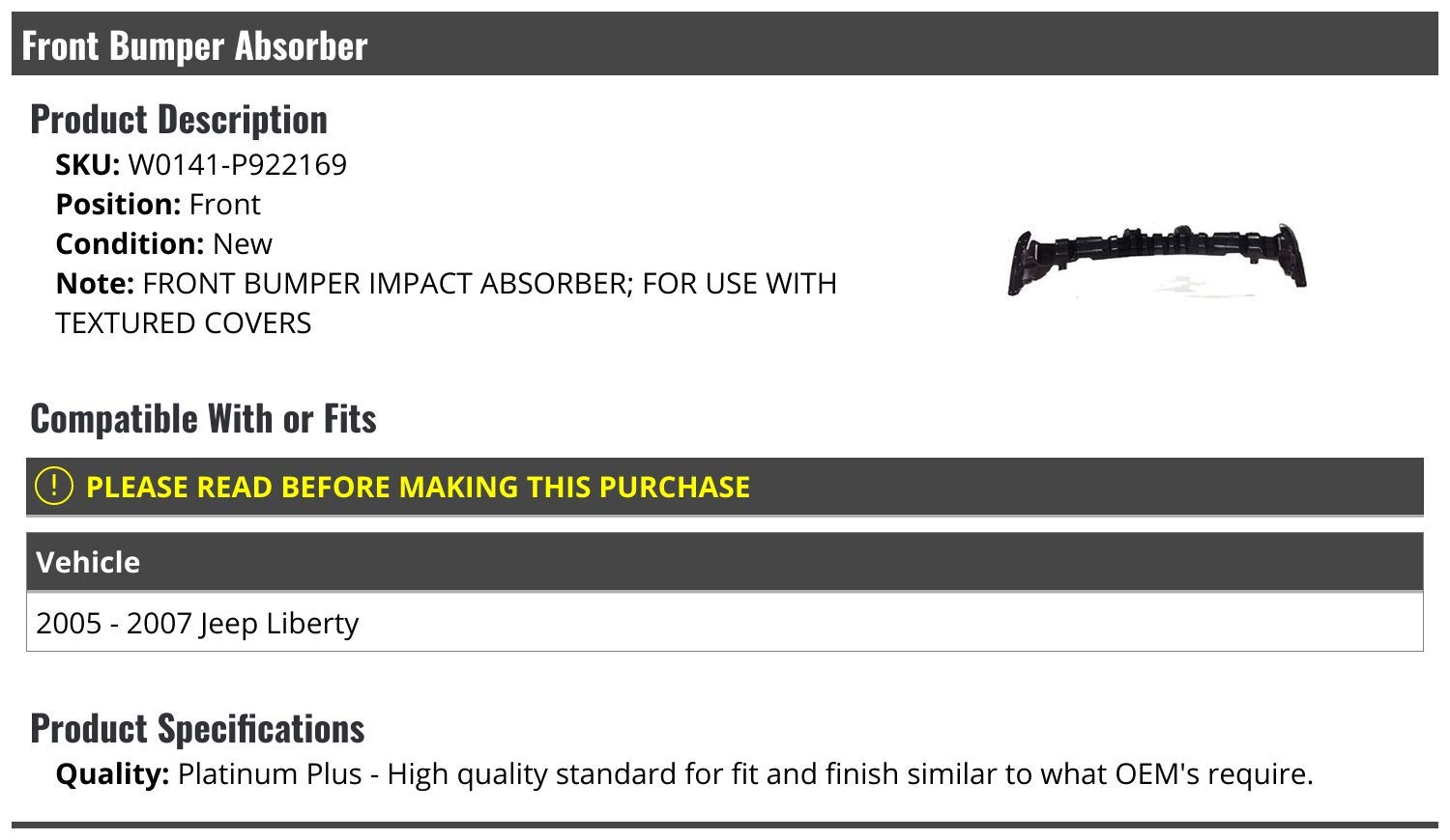 Jeep Liberty Front Bumper Impact Absorber 2005-2007 Replacement Part | Crash Protection & Safety Upgrade for Off-Road Adventures