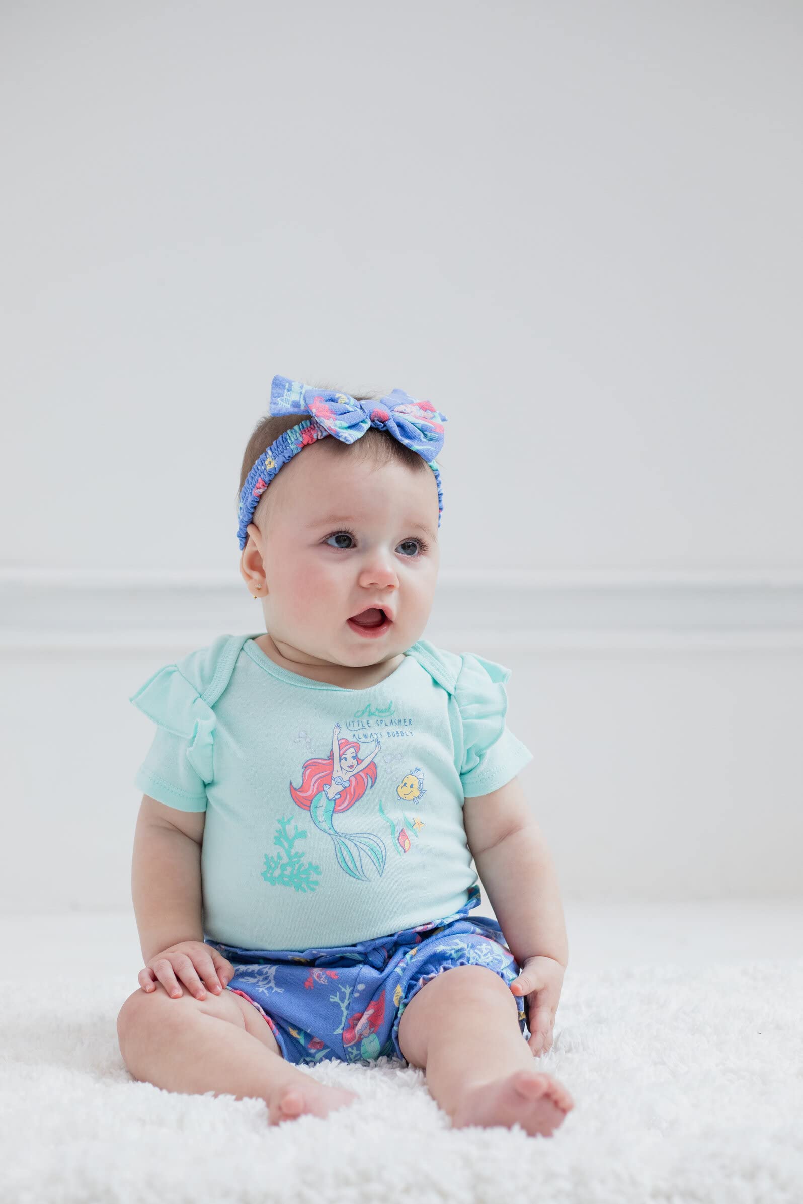 Disney Princess Ariel Belle Tiana Baby Girls 3-Piece Outfit Set - Bodysuit, Bubble Shorts & Headband for Newborn to Infant | Perfect for Birthday Parties, Photo Shoots & Special Occasions